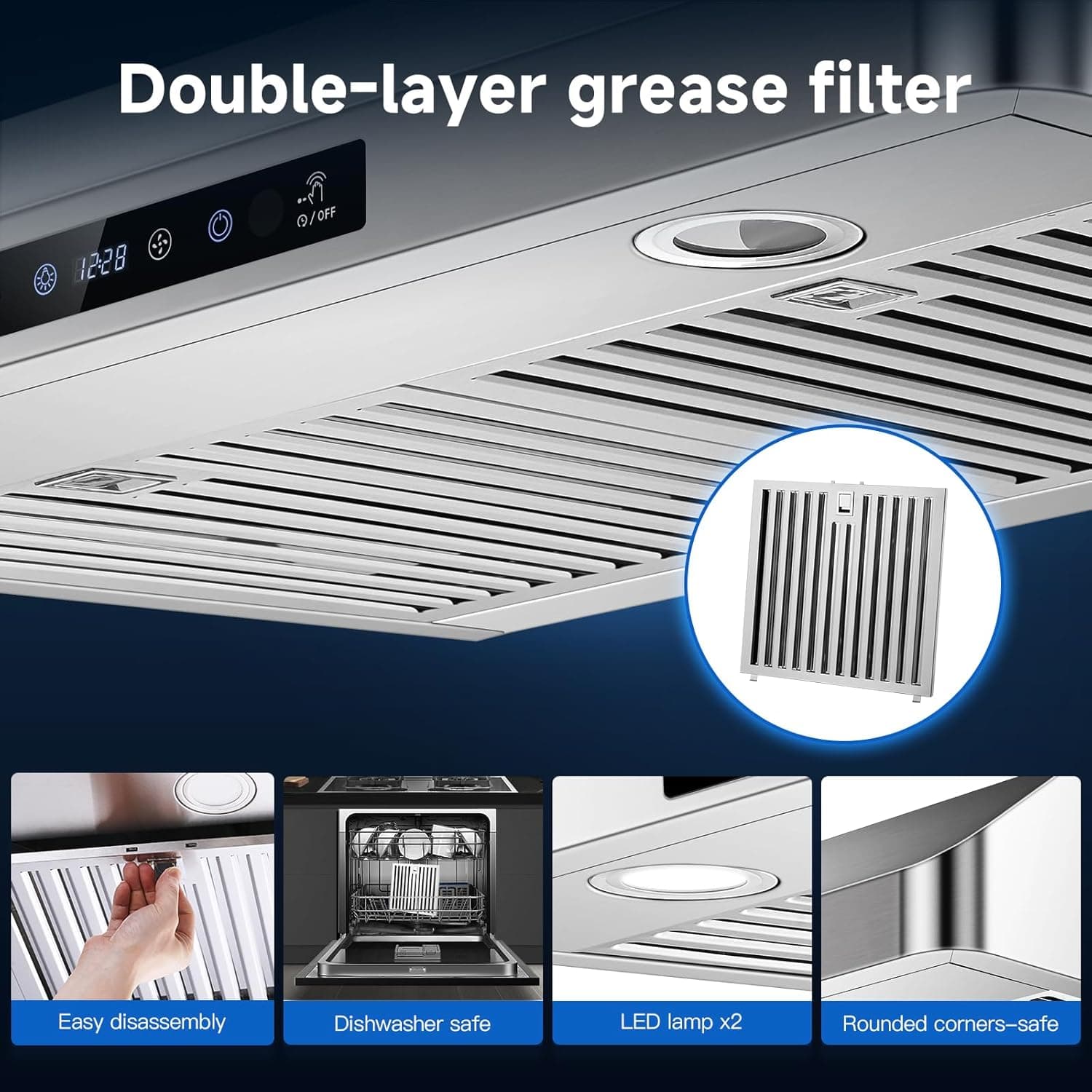 AMZCHEF Under Cabinet Range Hood 30 Inch, 750CFM Stainless Steel Kitchen Stove Vent Hood 3 Speed Exhaust Fan Touch/Remote/Gesture Control LED lights Time Setting Dishwasher-Safe Baffle Filters - Image 9