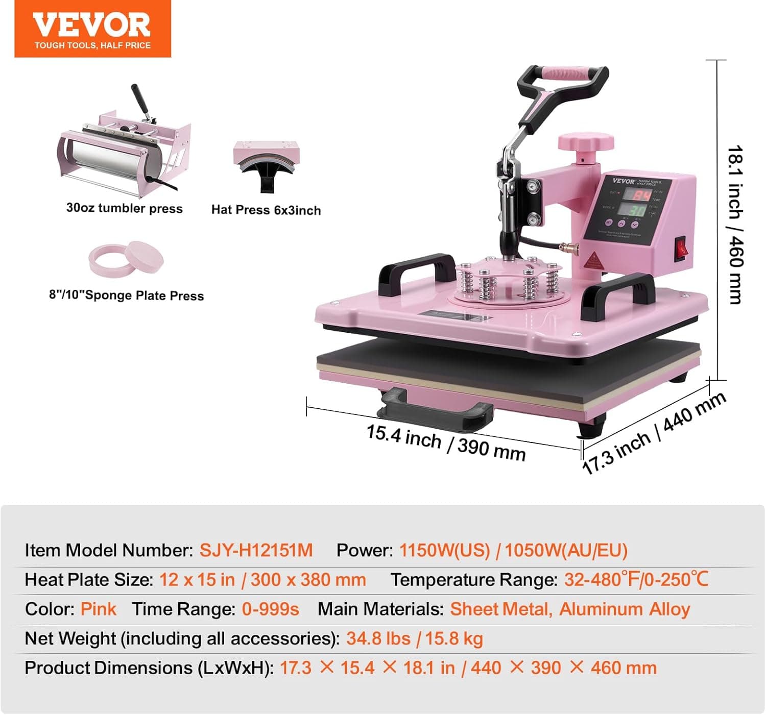 VEVOR Heat Press Machine 5 in 1 Combo with 30 OZ Tumbler Press & Hat Press, Slide Out 12x15 Inch Heat Press Sublimation Machine for T-Shirts, Hats Caps Tumblers Glass Cans Mugs, and Plates (Pink) 5 in 1 Pink-12x15-30 oz - Image 8