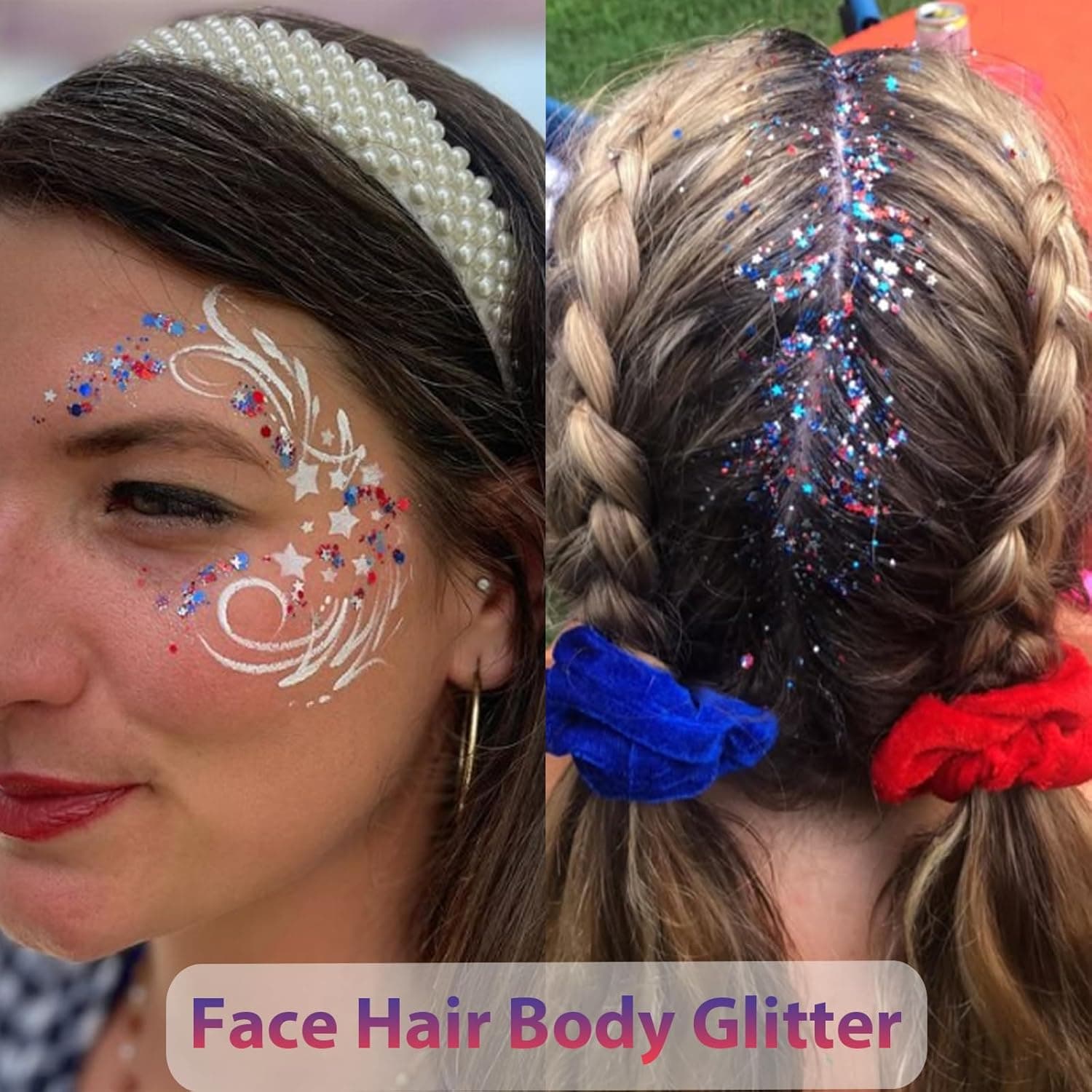 Mysense 4th of July Outfits for Women,4th of July Accessories Set with Red White and Blue Body Glitter,3 USA Flag Sunglasses,9 Beaded Necklaces,6 Bracelets,Fourth of July Outfit Women Kids - Image 6