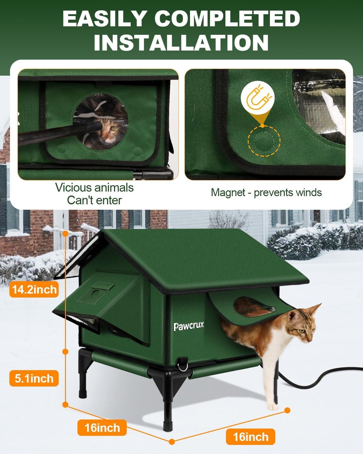 100% Waterproof Heated Cat House for Outdoor Cat with Safe Escape Door, Cat Bed Weatherproof Cat Shelter Kitty with Cat Heating Pad, Insulated Warm House for Feral Cat(Green, 16"x16"x19.3") Green S - Image 7