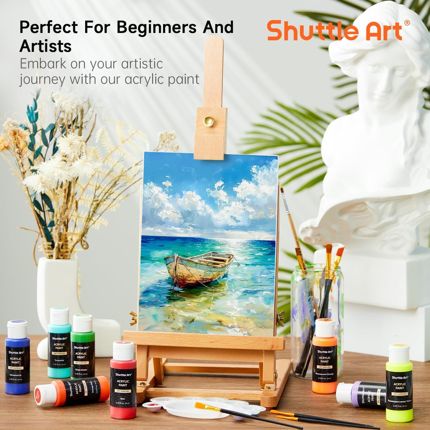Shuttle Art Acrylic Paint Set, 36 Colors Acrylic Paint with Brushes & Palette, 2oz/60ml Bottles, Rich Pigments Non-toxic for Artists Kids & Adults, Painting on Canvas Rock Ceramic Wood Regular 2 Fl Oz (Pack of 36) - Image 6