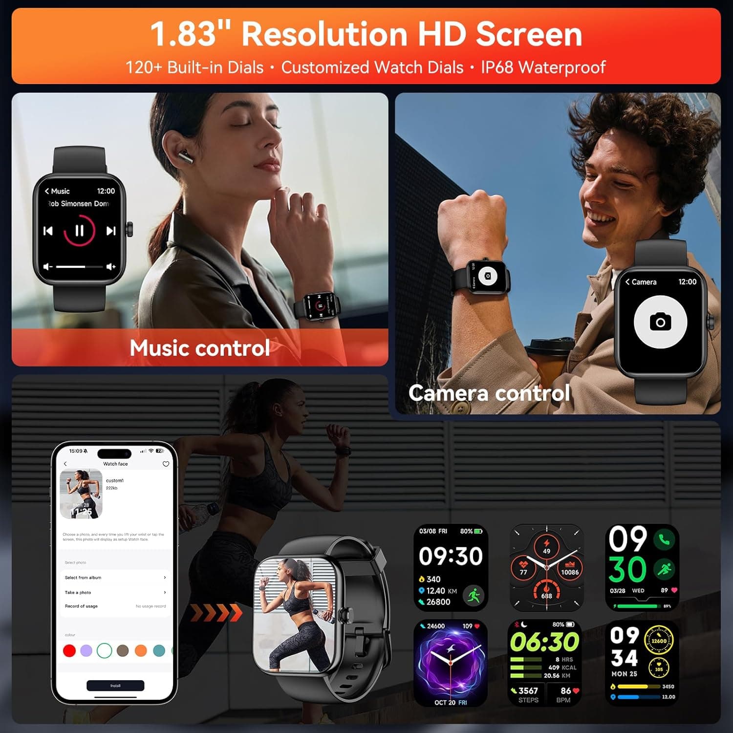 Smart Watch with Alexa Built-in, 1.83" HD Touchscreen Fitness Tracker, Bluetooth Notifications/Calls, IP68 Waterproof, 120+ Sport Modes, 24/7 Heart Rate & Sleep Monitor for iPhone Android iOS (Black) - Image 7