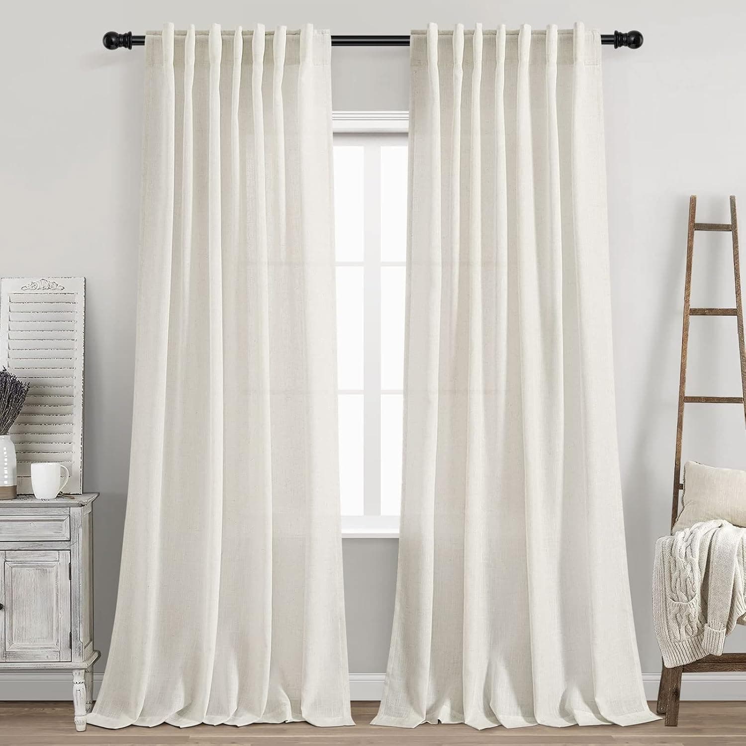 Cream Linen Back Tab Curtains 84 Inch Length for Living Room 2 Panel Set Neutral Modern Farmhouse Window Privacy Semi Sheer Linen Drapes Rustic Pinch Pleated Look Curtain Natural Ivory Colored 52"W x 84"L (Pack of 2) Natural - Image 2