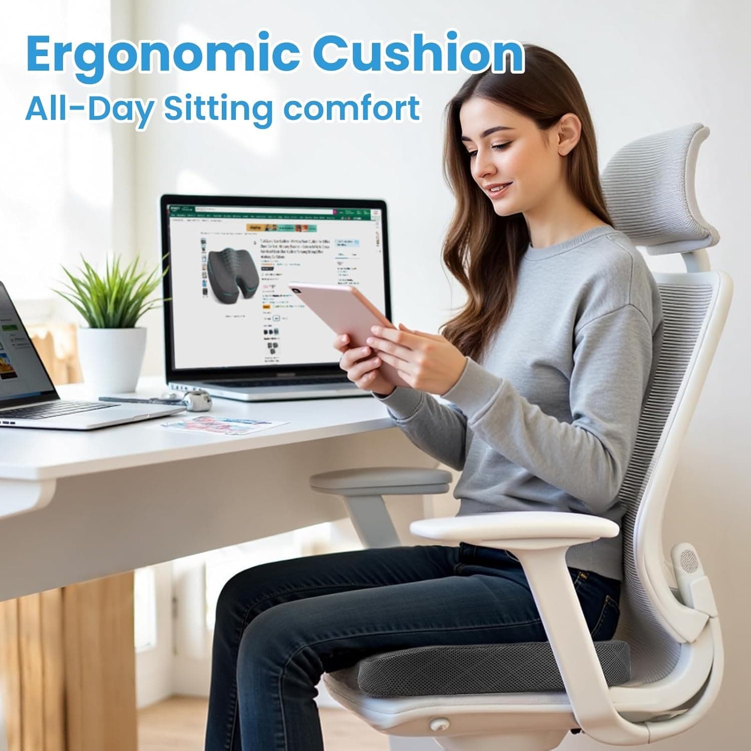 TushGuard Seat Cushion - Memory Foam Cushion for Office Chair, Car Seat, Airplane, Bleacher - Sciatica & Hip & Coccyx Pain Relief Desk Chair Cushion for Long Sitting Office Workers, Car Drivers Large Grey - Image 7