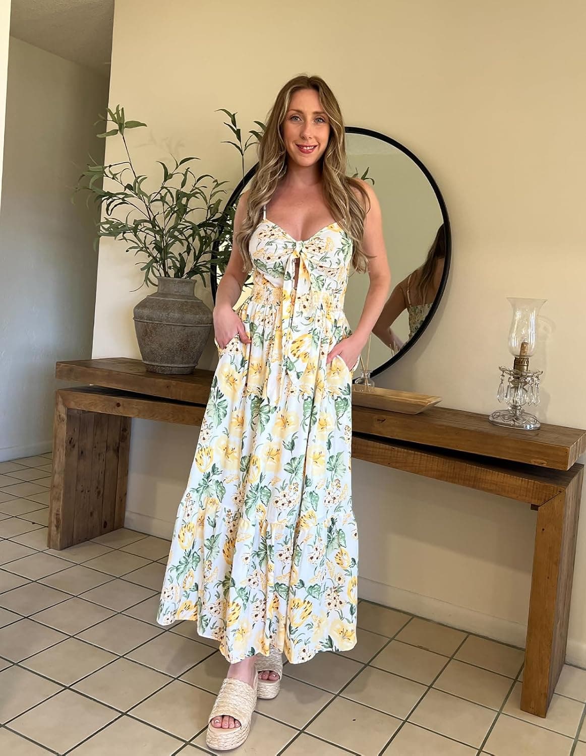 GRACE KARIN Women's 2025 Summer Maxi Dress Floral Tie Front Spaghetti Strap Casual Boho Beach Flowy Sundress with Pockets Large White Yellow Flowers - Image 6