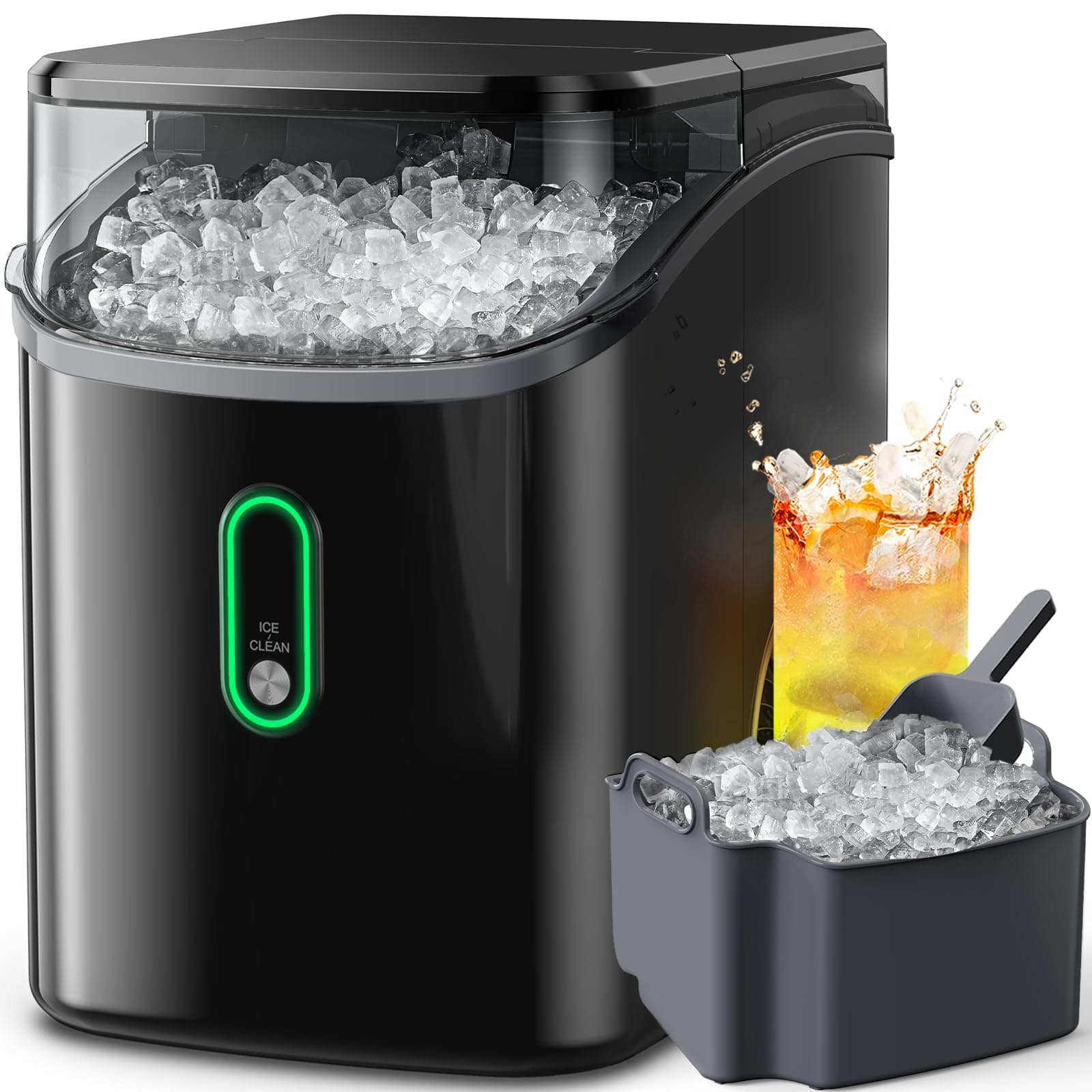 Silonn Nugget Ice Maker Countertop, Pebble Ice Makers with Crushed Soft Chewable Ice, 33lbs Per Day with Scoop, Pellet Portable Ice Machines with Auto-Cleaning for Home, Kitchen, Office, Black Gloss black 33lbs