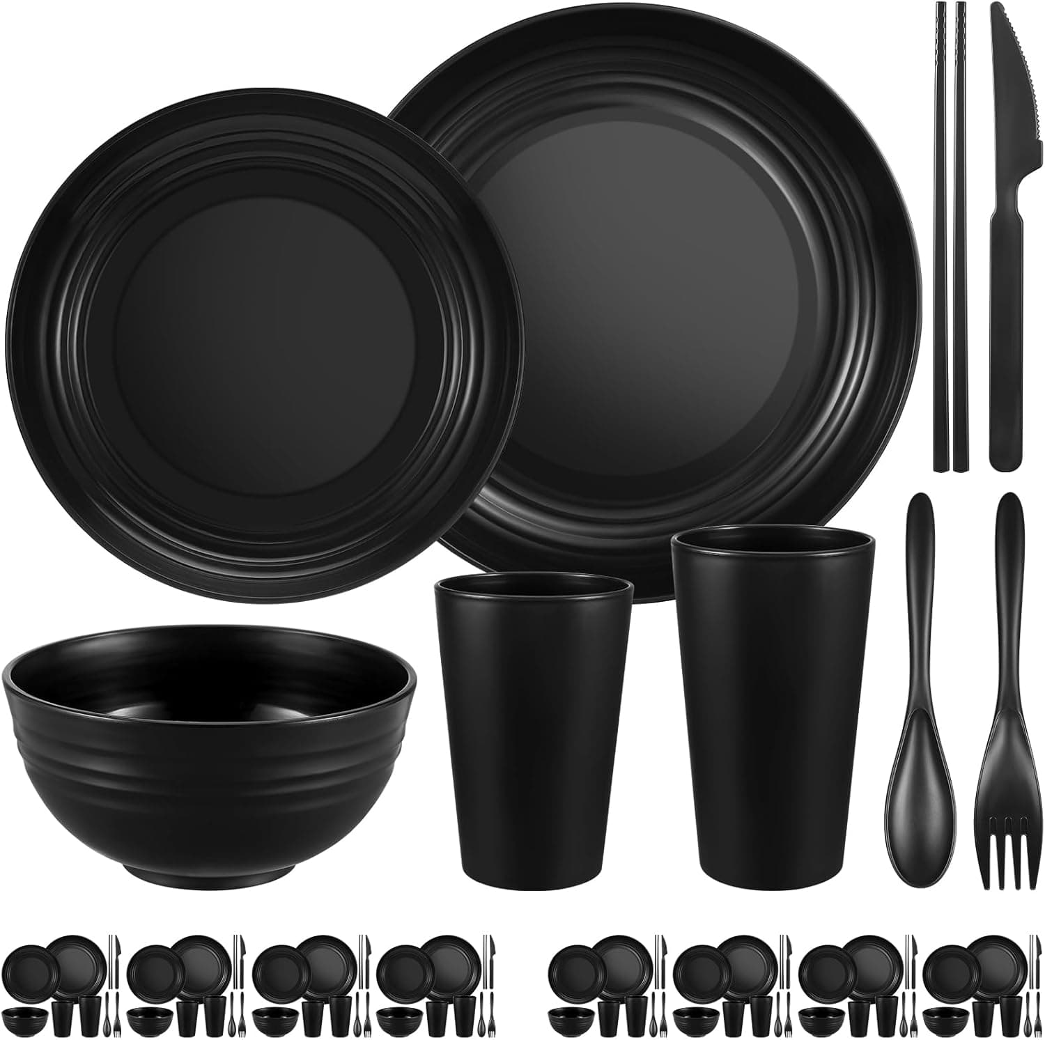72 Pcs Plates and Bowls Sets, Unbreakable Wheat Straw Dinnerware Set Service for 8, Plastic Dish Set, Reusable Plates Bowls Cups for Kitchen, Camping, Outdoor, Dorm Microwave & Dishwasher Safe, Black - Image 2