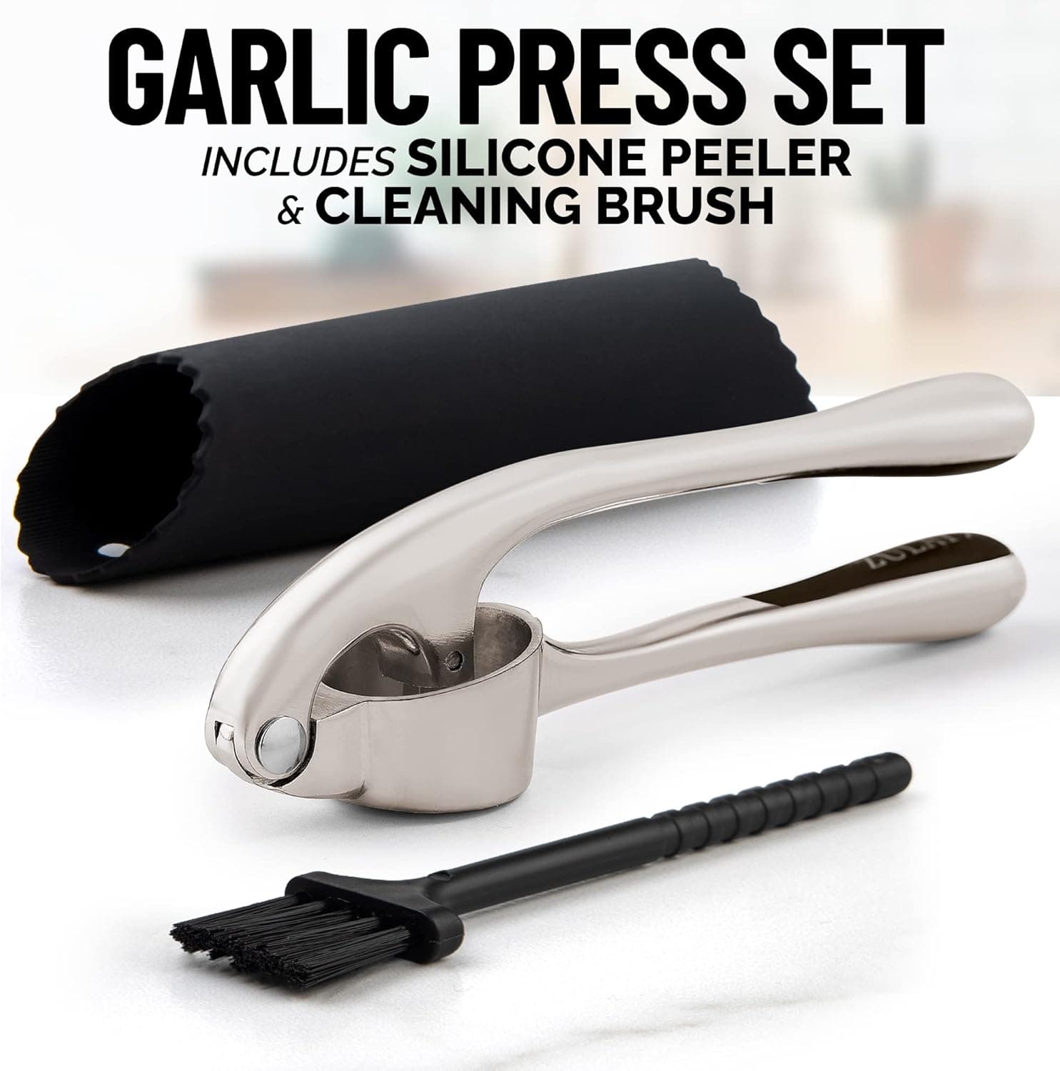 Zulay Kitchen Premium Garlic Press Set - Rust Proof & Dishwasher Safe Professional Garlic Mincer Tool - Easy-Squeeze, Easy-Clean with Soft, Ergonomic Handle - Silicone Garlic Peeler & Brush (Silver) Large Silver - Image 12