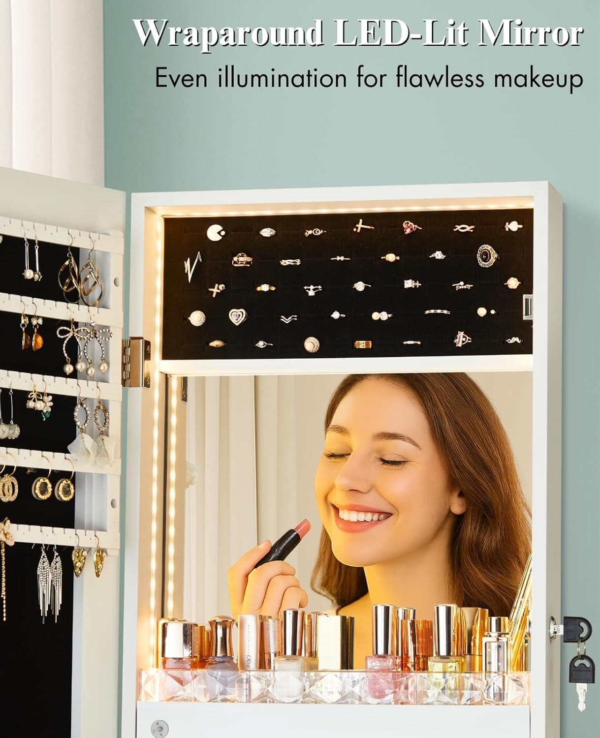 LUXFURNI LED Lights Mirror Jewelry Cabinet Wall Mounted or Door-Hanging, 42" Full Length Mirror with Storage, Built-in Makeup Mirror, Lockable Jewelry Mirror Organizer, White Full Frame White - Image 7