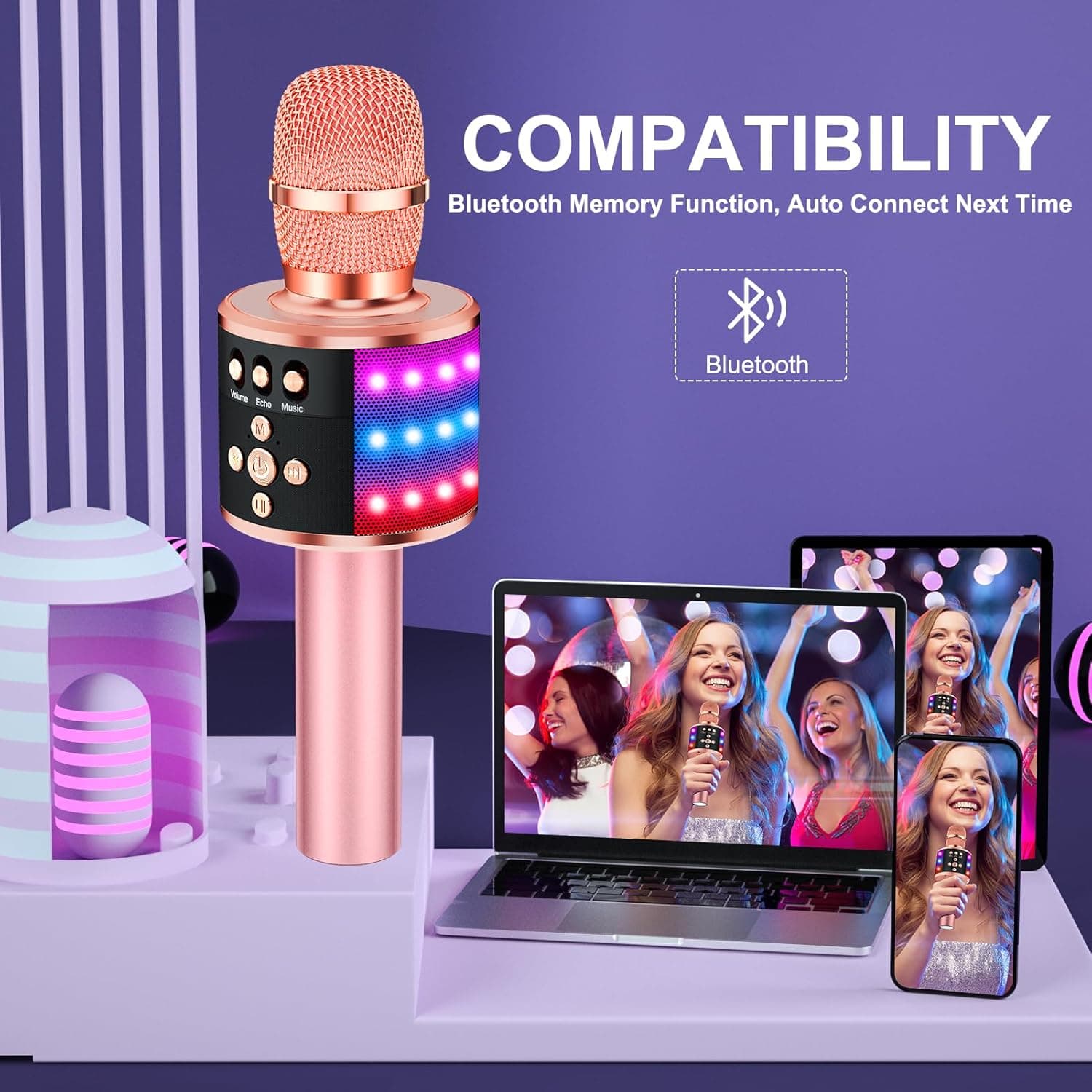 BONAOK Karaoke Microphone for Kids & Adults - Bluetooth Microphones Singing Mic with Disco Lights, Echo Effect, Built-in Speaker Portable Karaoke Player for Party Travel Gifts Q78(Rose Gold) - Image 4