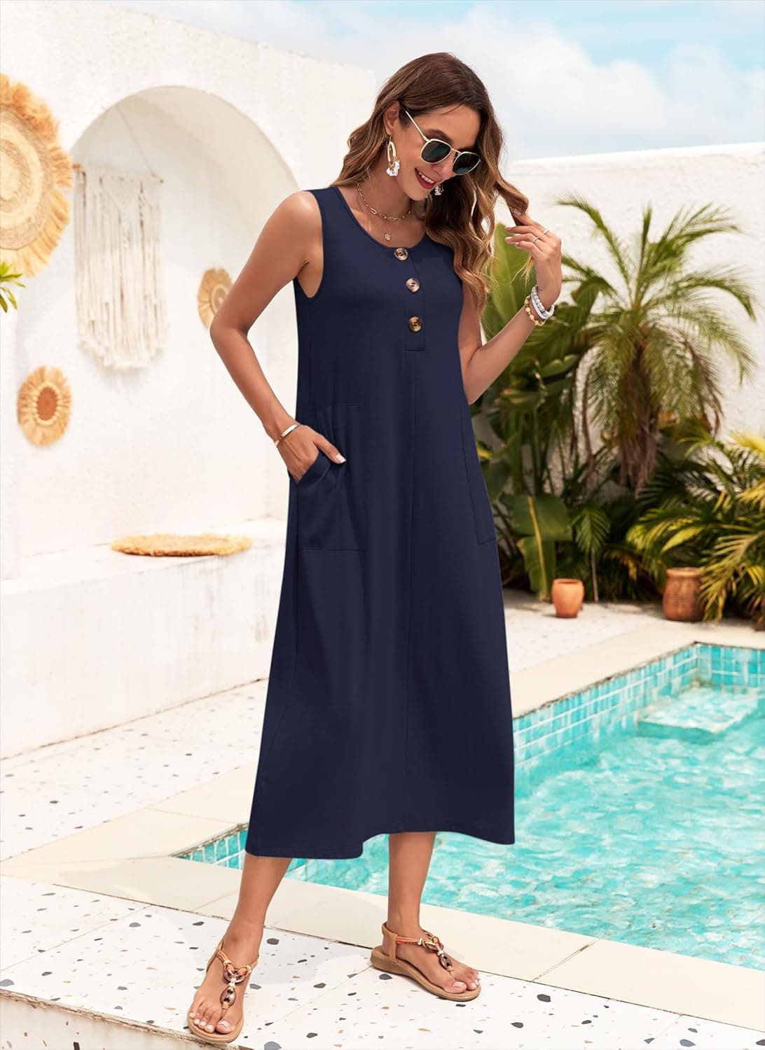 MOLERANI Women's Summer Maxi Dress 2025 Sleeveless Button Down Casual Loose Long Beach Sundress Travel Vacation Outfits Medium Navy Blue - Image 4