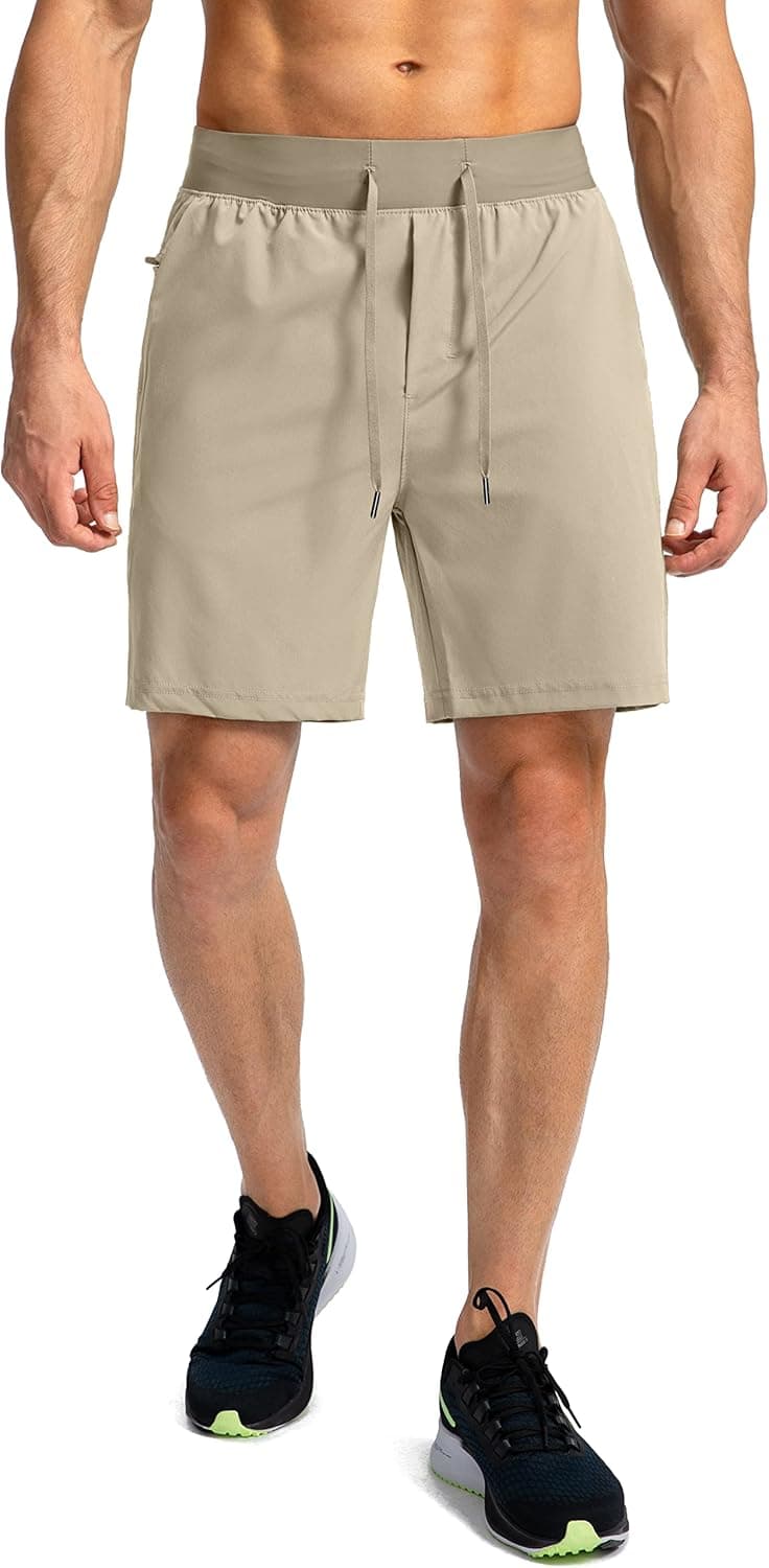 Men's Running Shorts with Zipper Pockets 9 Inch/ 7 Inch / 5 Inch Lightweight Quick Dry Gym Workout Athletic Shorts for Men 7 Inseam Large D-khaki - Image 3