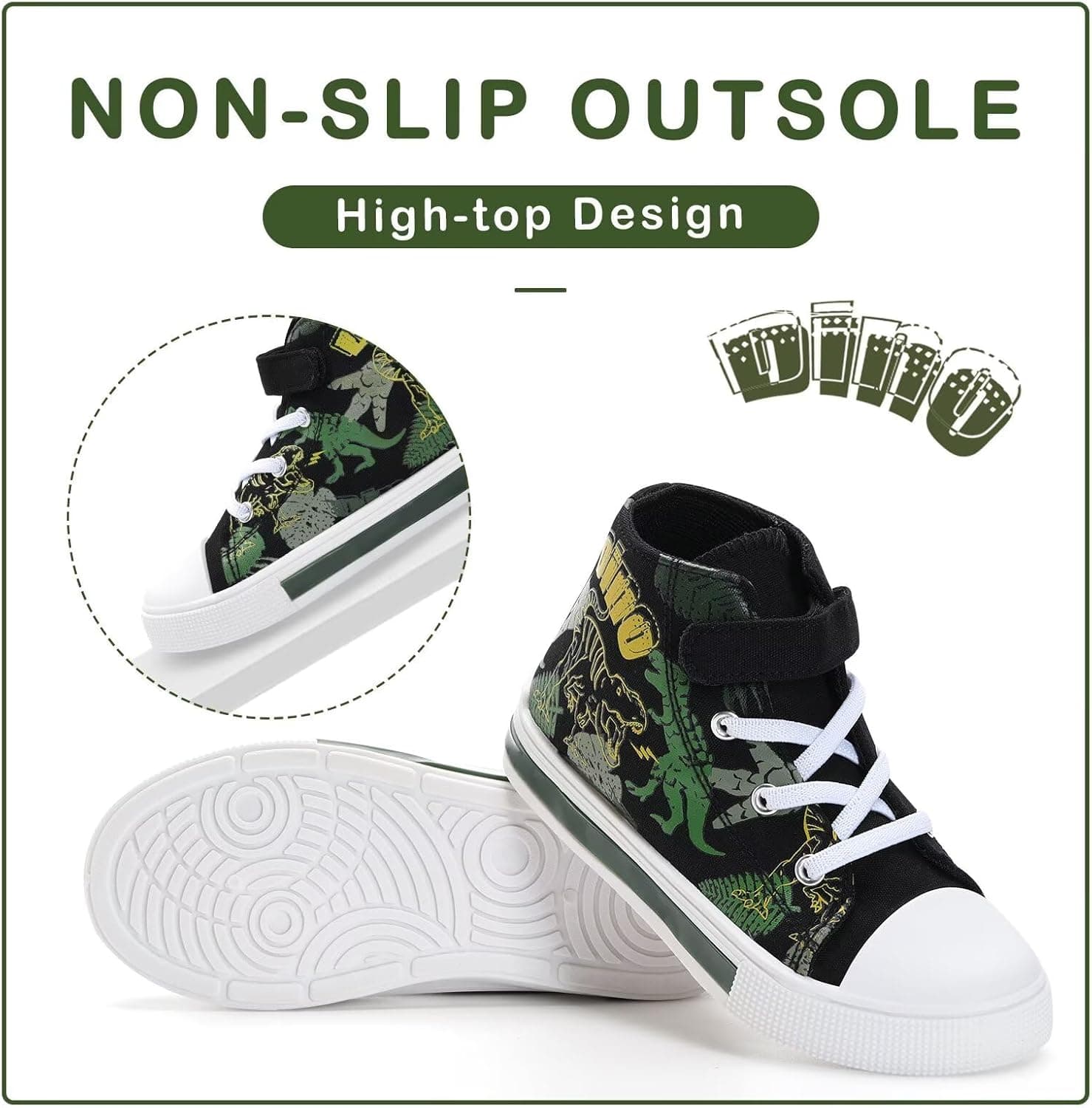 EUXTERPA Kids Toddler Sneakers Light Up Flashing Shoes Girls Boys Easy Fasten High Top Walking Canvas Sneaker 8 Toddler Green Dinosaur - Image 5