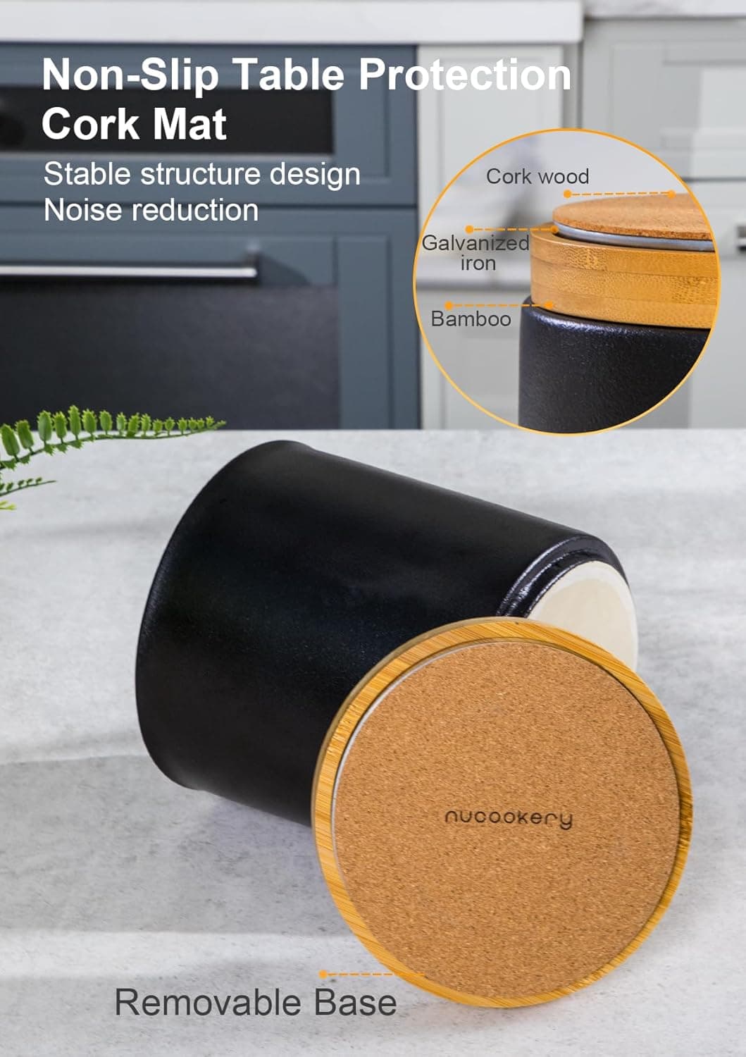 Nucookery 360°Rotating Utensil Holder, 7.2" Kitchen Utensil Crock, Ceramic Cooking Utensil Organizer with Countertop-Protection Cork Bottom for Farmhouse Kitchen Decor Christmas (Stone Black) - Image 7