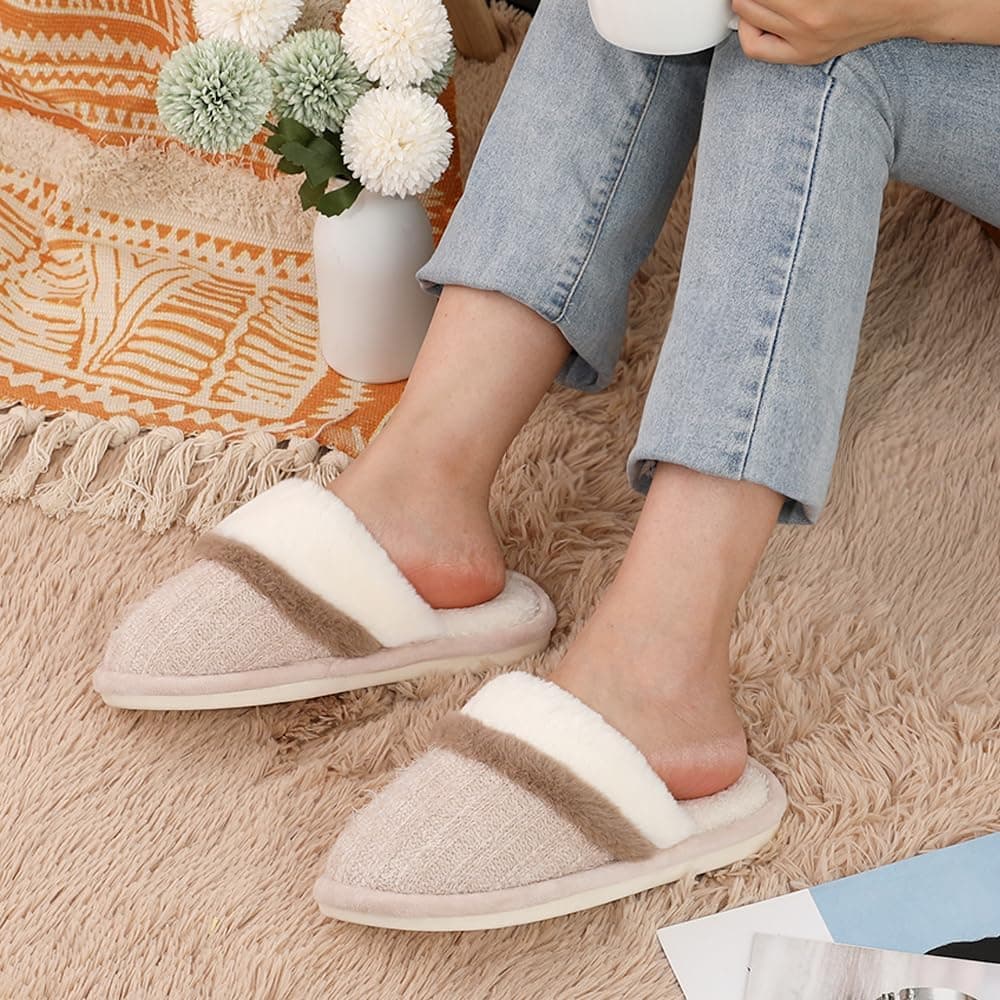 Cozy Slippers for Women Indoor and Outdoor Fuzzy House Shoes with Memory Foam Anti-Skid Sole Gifts for Women Mom Ladies 7-8 Women/5-6 Men Beige - Image 5