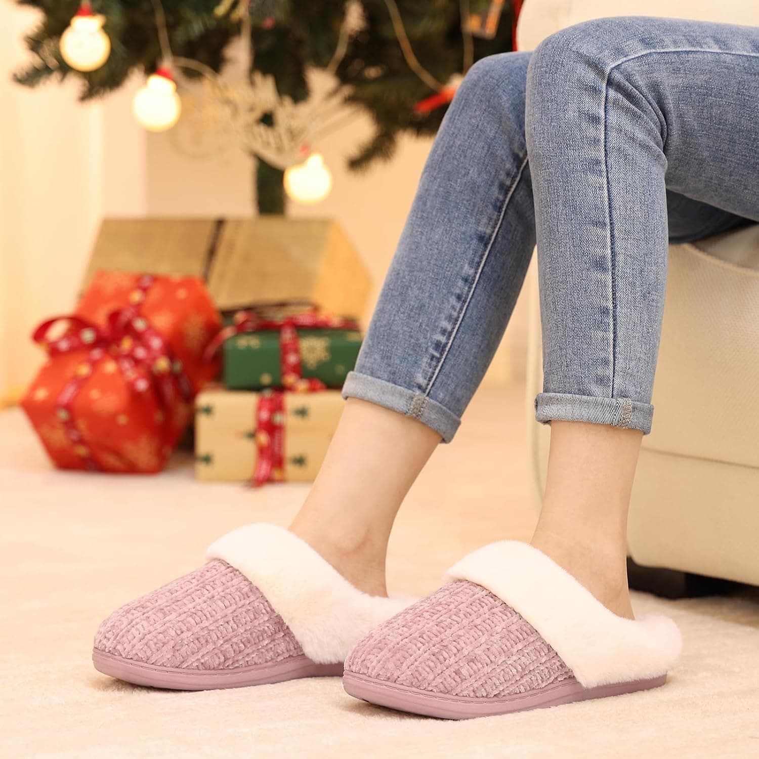 Evshine Warm Knit House Slippers for Women Comfy Wool-Like Lined Chenille Slippers with Memory Foam and Indoor Outdoor Soles 8-9 Pink - Image 7
