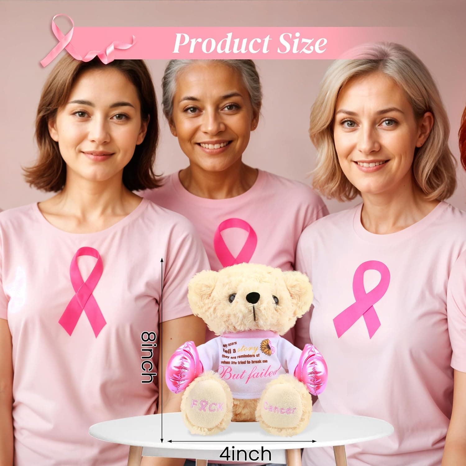 Breast Cancer Awareness Stuffed Bear Plush – 8" Fuck Cancer Teddy Bear Stuffed Animal Toy with Pink Boxing Gloves, Breast Cancer Comfort Gifts for Women, Inspirational Gift For Cancer Warrior Fighter Breast Cancer Teddy Bear - Fuck Cancer - Image 4