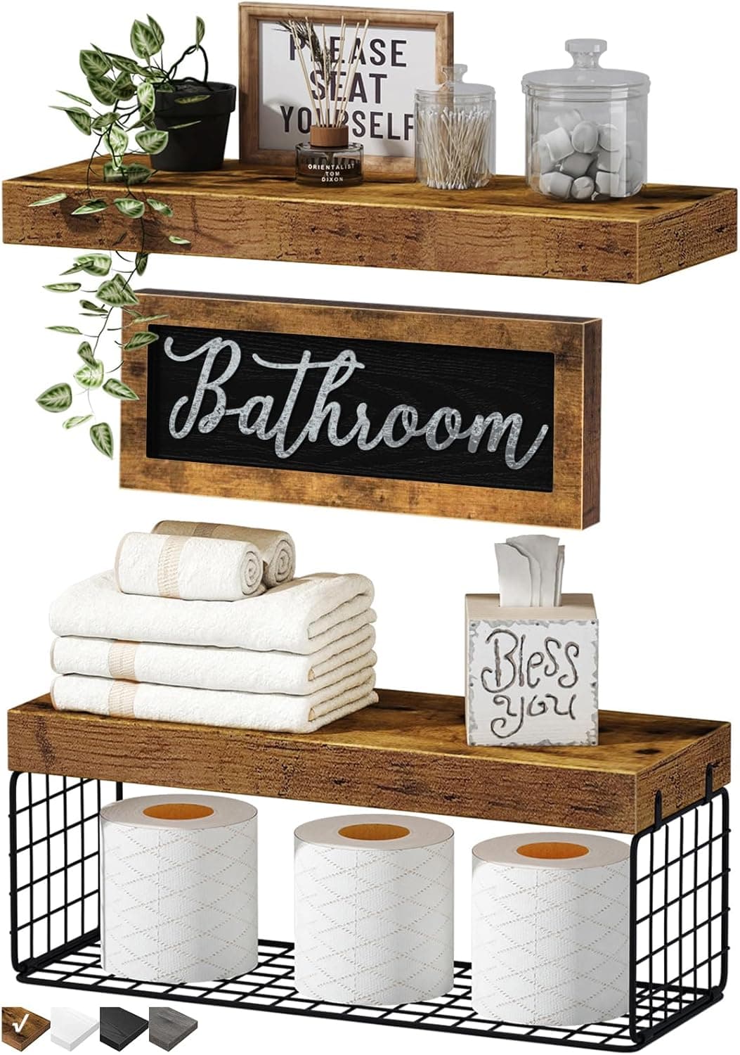 QEEIG ‎Bathroom Shelves Over Toilet - Paper Storage Wall Mounted Farmhouse Decor Decorations Aesthetic Décor Sign Small Floating Shelf 2+1 Set 16 inch, Rustic Brown (020BN) A. Brown - Image 2