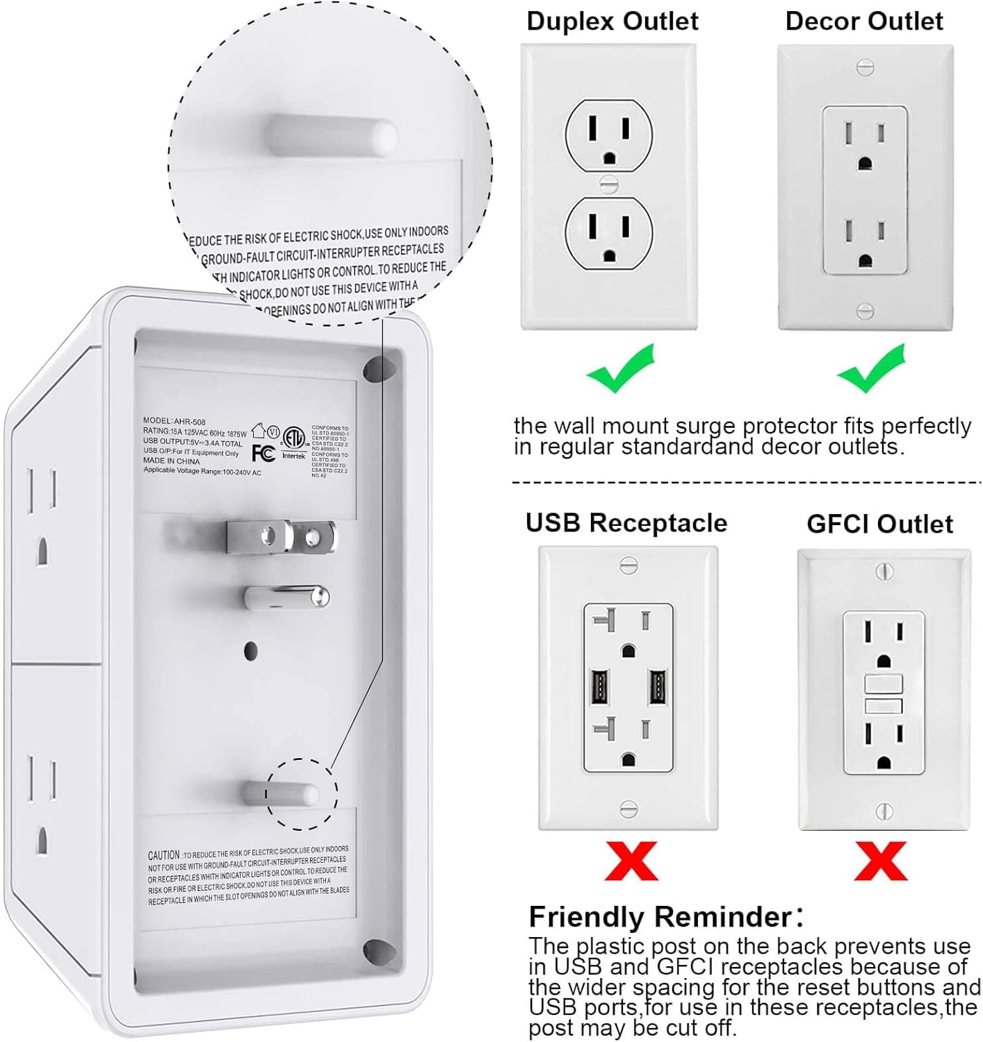 POWRUI Multi Plug 6 Outlet Surge Protector Extender with 3 USB Ports (1 USB C) and Night Light, 3-Sided Power Strip with Adapter Spaced Outlets, ETL Listed, White 2U1C White - Image 7
