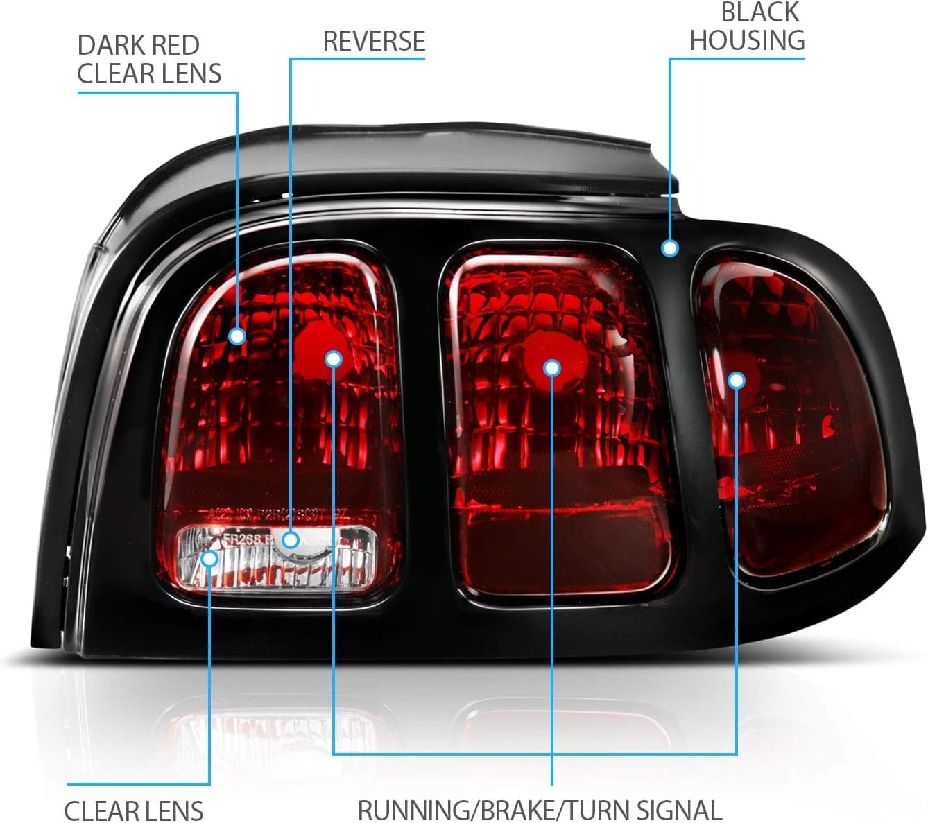 AmeriLite for 1994-1998 Ford Mustang Black Housing Dark Red OE Style Replacement Brake Tail Lights Set - Passenger and Driver Side Smoke+Black - Image 5
