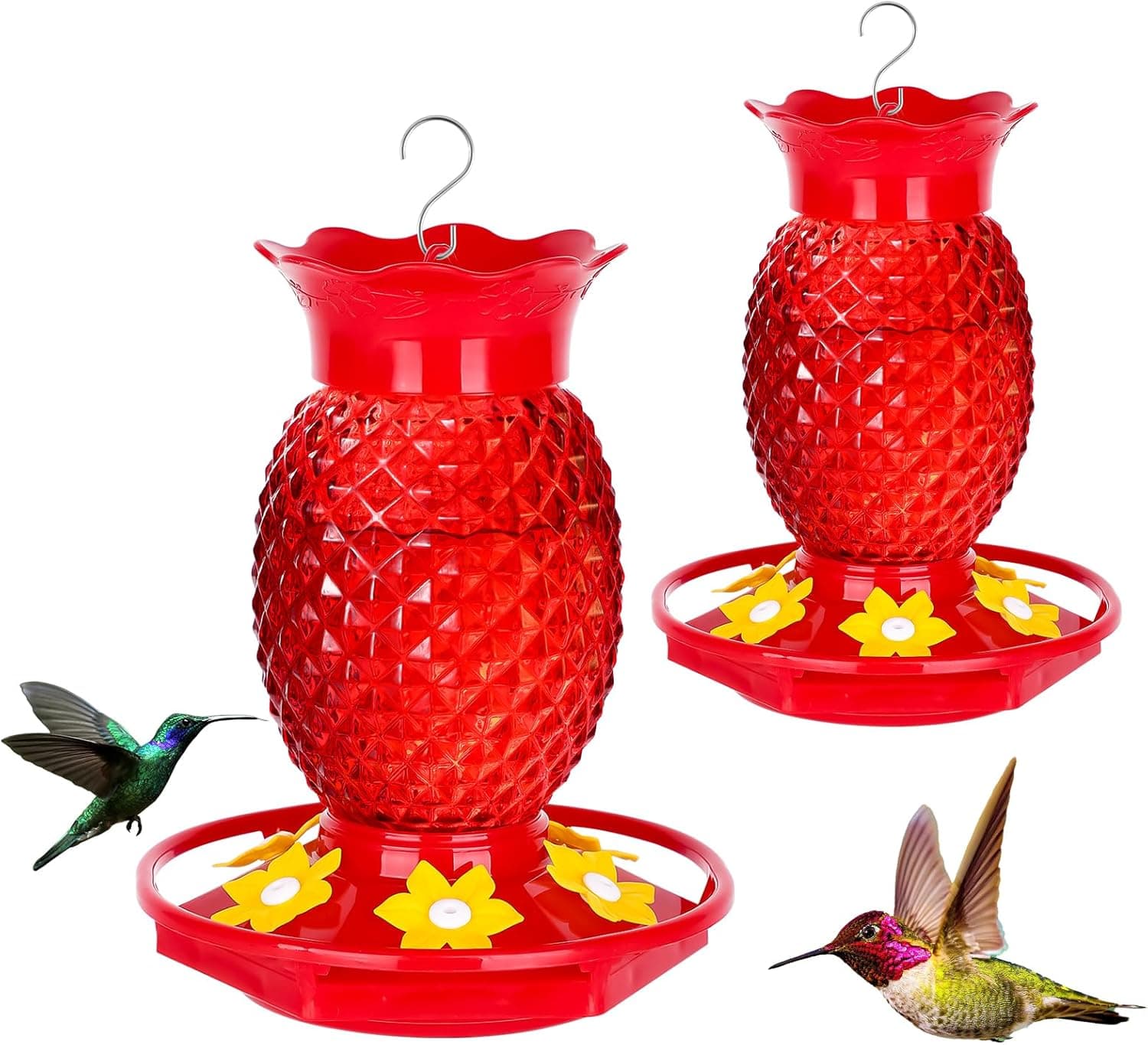 Glass Hummingbird Feeders for Outdoors Hanging Ant and Bee Proof 16OZ 2 Pack Red Pineapple Humming Bird Feeder with 6 Feeding Ports and Ant Moat Hummingbird Gifts for Women Garden Decor 2 16 OZ - Image 2