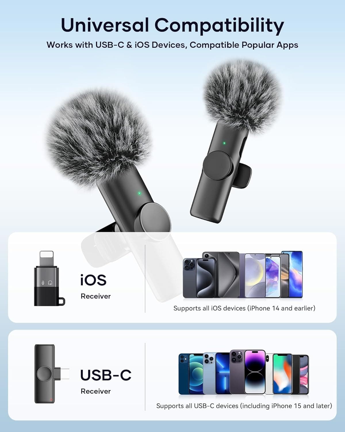 Microphone sans fil pour iPhone, iPad et téléphone Android, pack de 2 microphones lavalier sans fil avec réduction de bruit, plug and play - Image 9