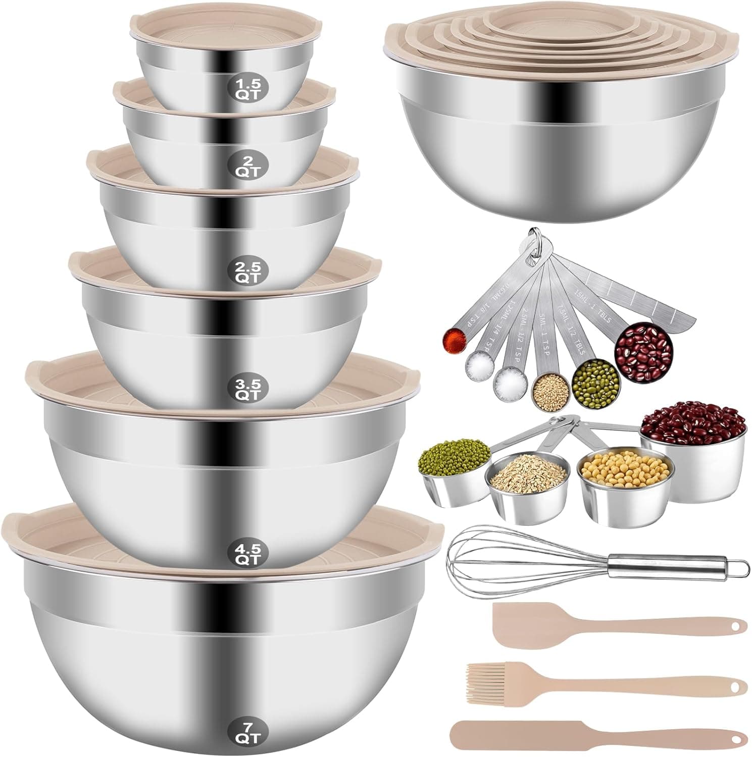 Mixing Bowls Set, 27PCS Khaki Mixing Bowls With Lids Set Stainless Steel Kitchen Large Nesting Metal Bowl 7QT to 1.5QT, Measuring Cups and Spoons for Prepping Cooking Serving Khaki Bowls Set - Image 2