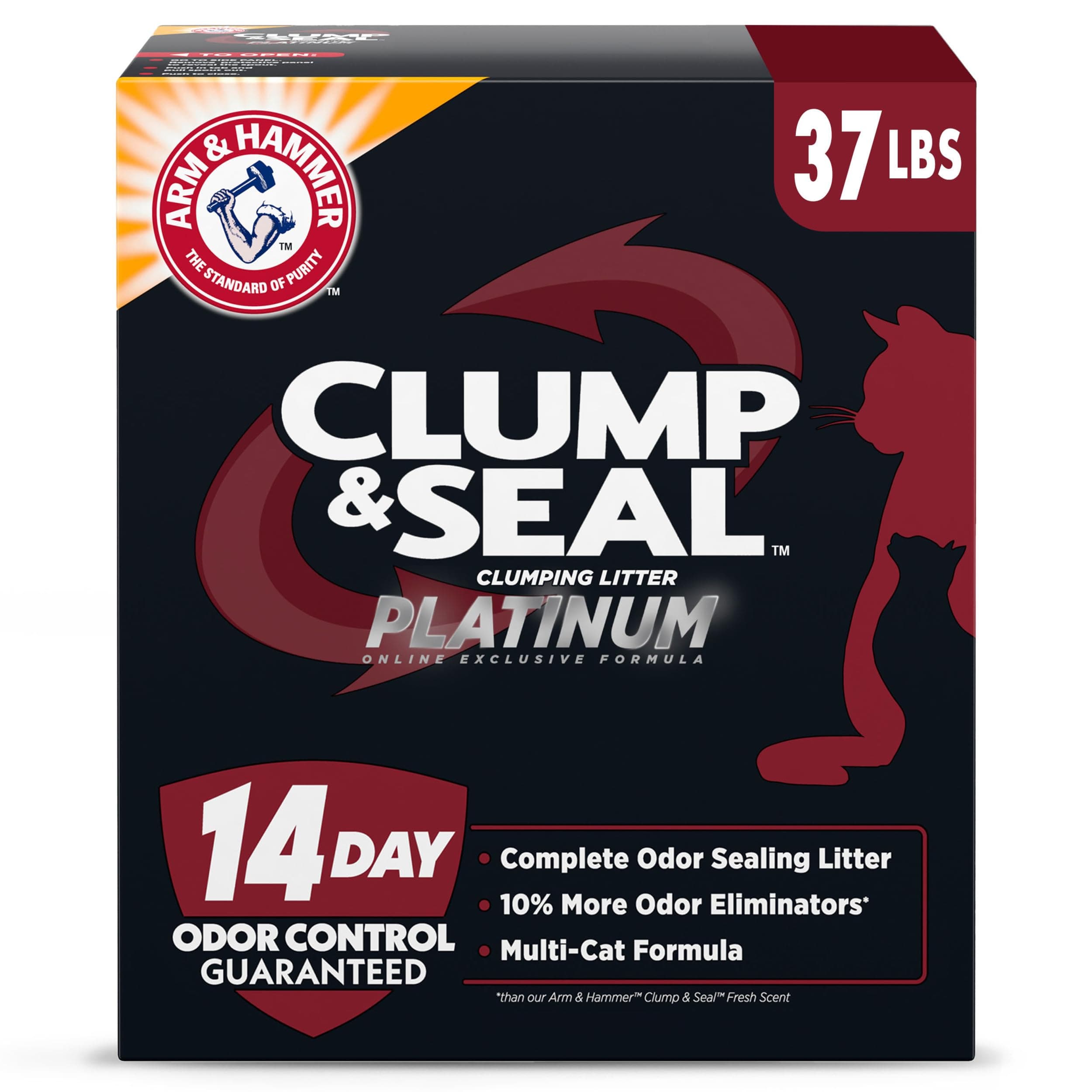ARM & HAMMER Clump & Seal Platinum Cat Litter, Multi-Cat, 14-Day Odor Control, Rock-Hard Clumps, 37 lbs – Powerful Odor Eliminator with Baking Soda Clumping Cat Litter 37lb – Frustration Free Pack