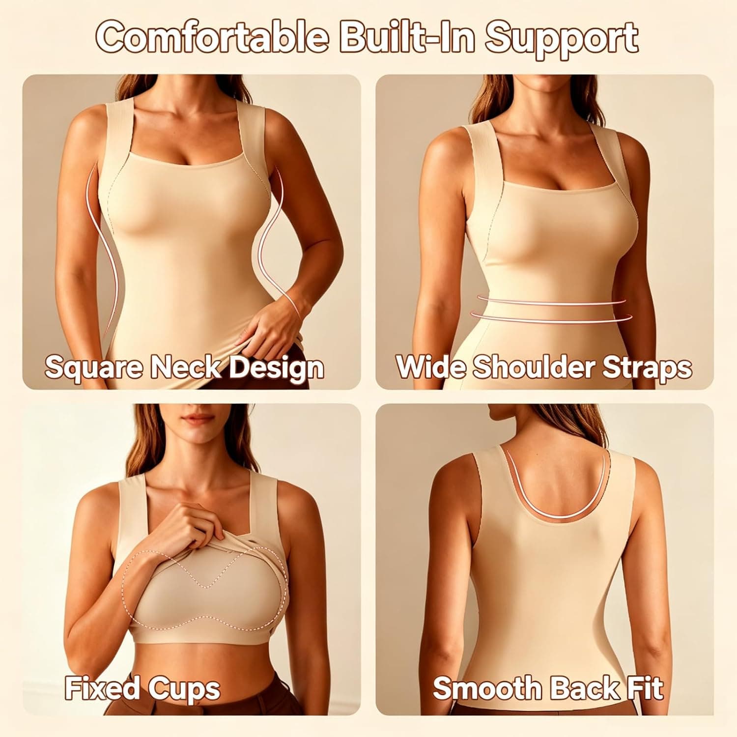 Avulea Built in Comfort Bra Tanktop, Seamless Built-in Bra Cami (Beige,X-Large) at Amazon Women’s Clothing store - Image 2