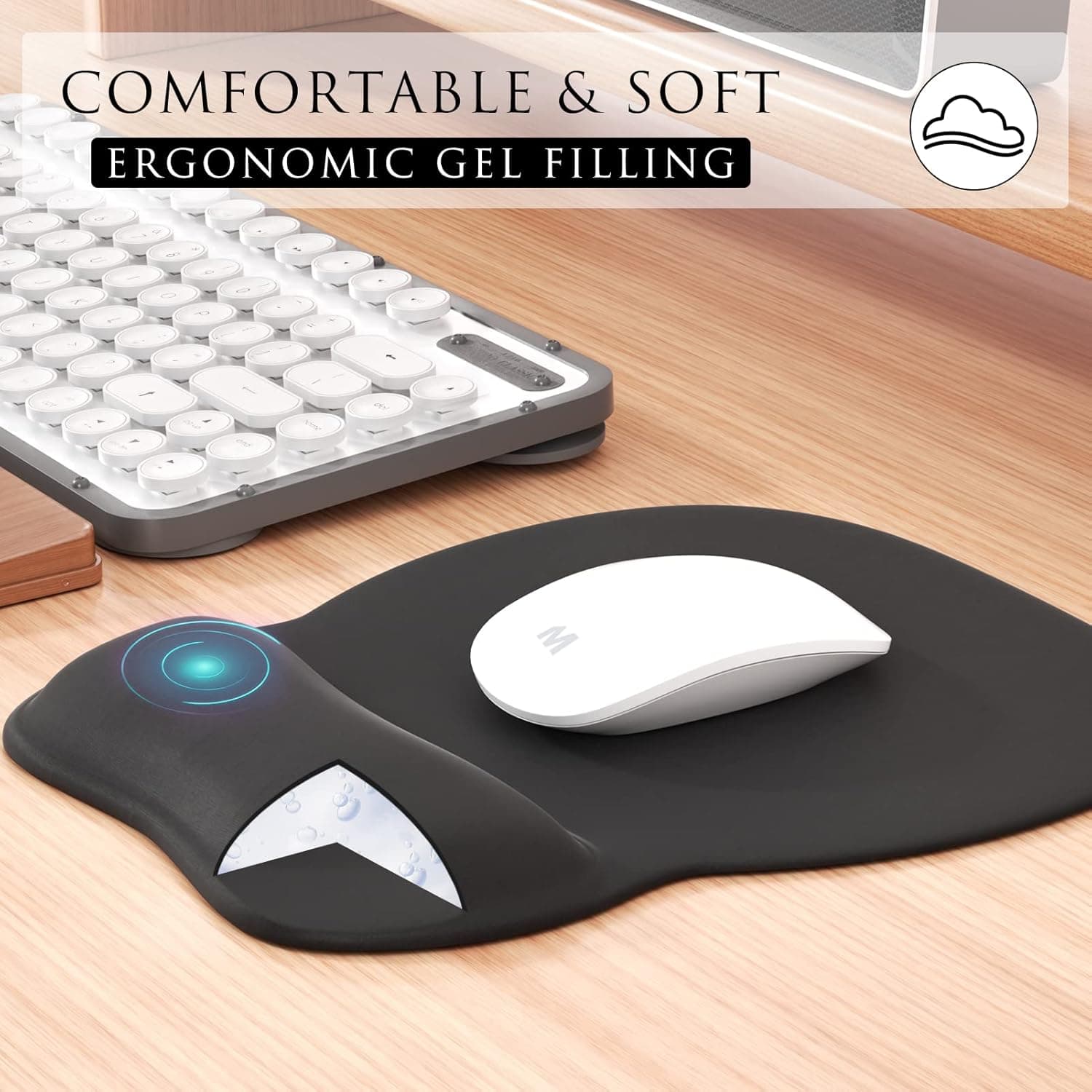 MROCO Ergonomic Mouse Pad with Gel Wrist Rest, Smooth Wrist Support Surface, Non-Slip PU Base for Pain Relief, Comfortable Mousepad for Computer, Laptop, Office & Home, 9.4 x 8.1 in, Black - Image 4