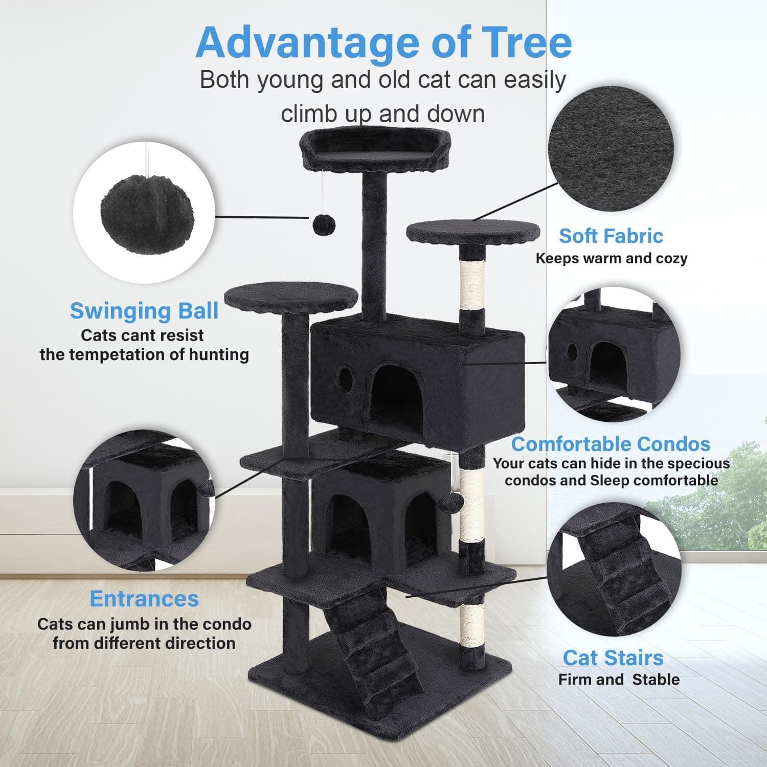 FDW | 54" Cat Tree Tower | Dark Gray | Multi-Level Indoor Activity Center with Sisal Scratching Posts, Condos, Plush Perches, Hanging Cat Toys | Sturdy, Easy to Assemble | for Kittens & Adult Cats Dark Gray 54in - Image 4