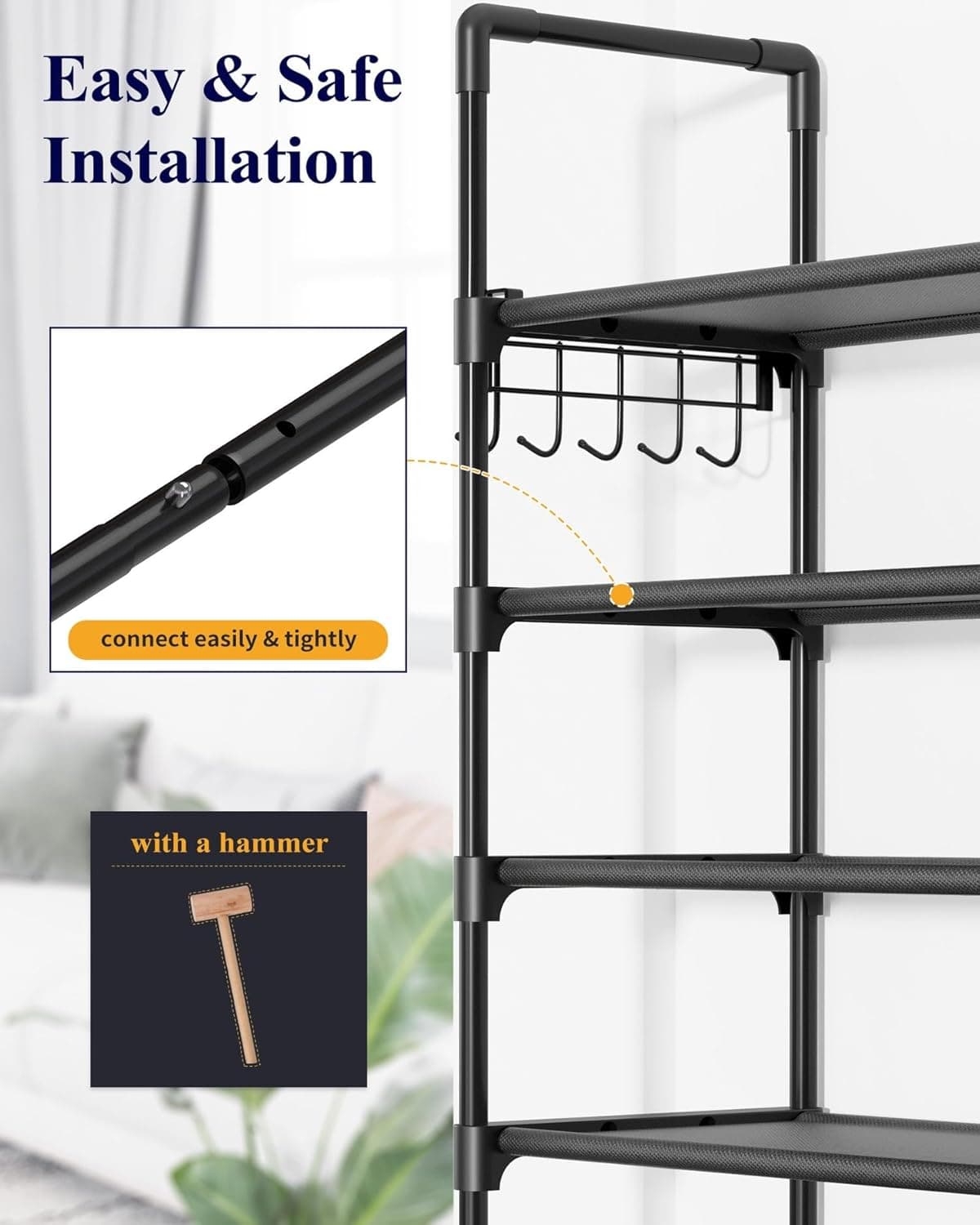 Kitsure Shoe Rack for Closet - 10-Tier Shoe Organizer with Hook Rack, Large-Capacity & Space-Saving Shoe Shelf for Entryway, Bedroom, Living Room,32.2" x 11.8" x 68.5", Black Black 32.2" x 11.8" x 68.5" - Image 8