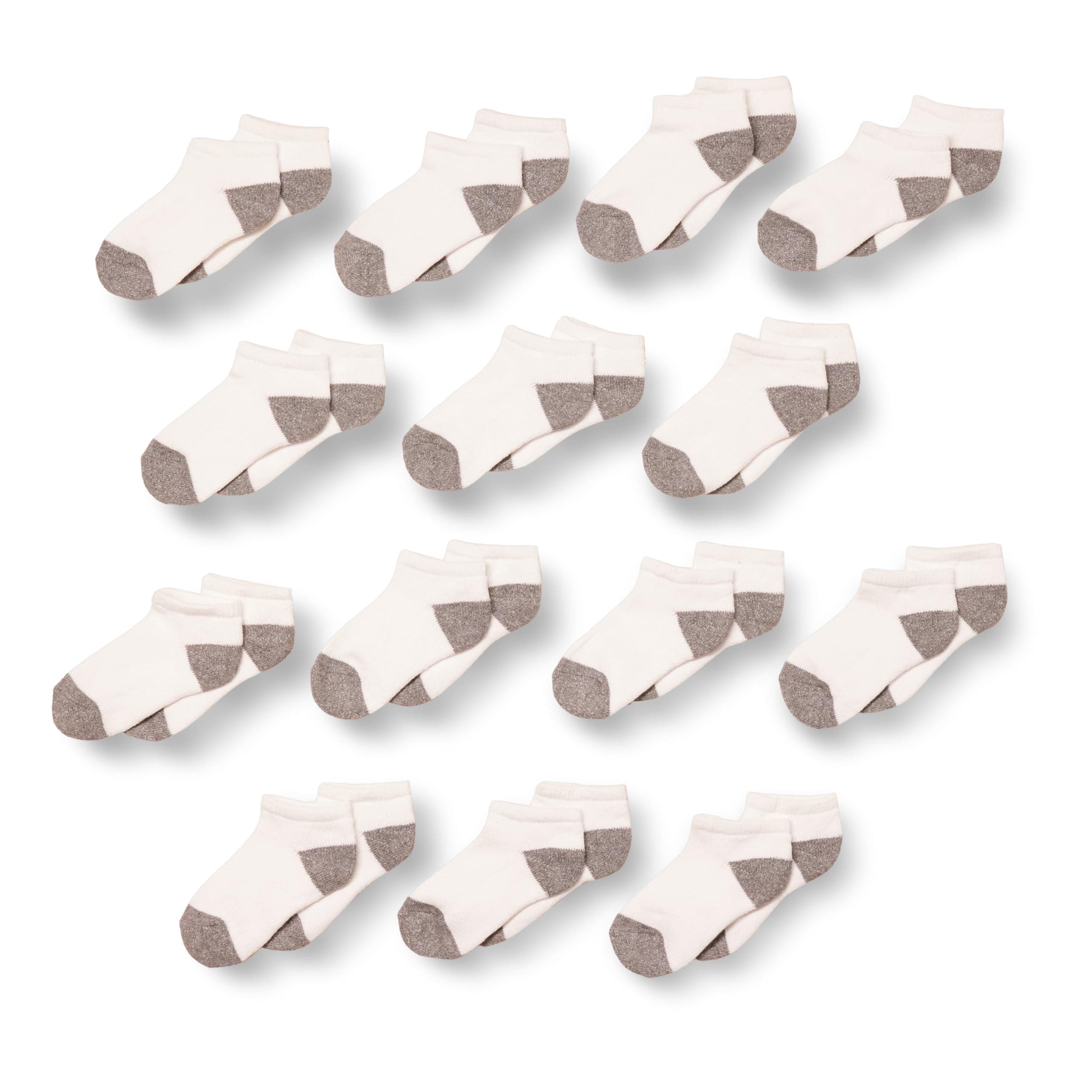 Amazon Essentials Unisex Kids and Toddlers' Cotton Low Cut Cushioned Socks for Boys Girls Toddlers, 14 Pairs Medium White/Grey