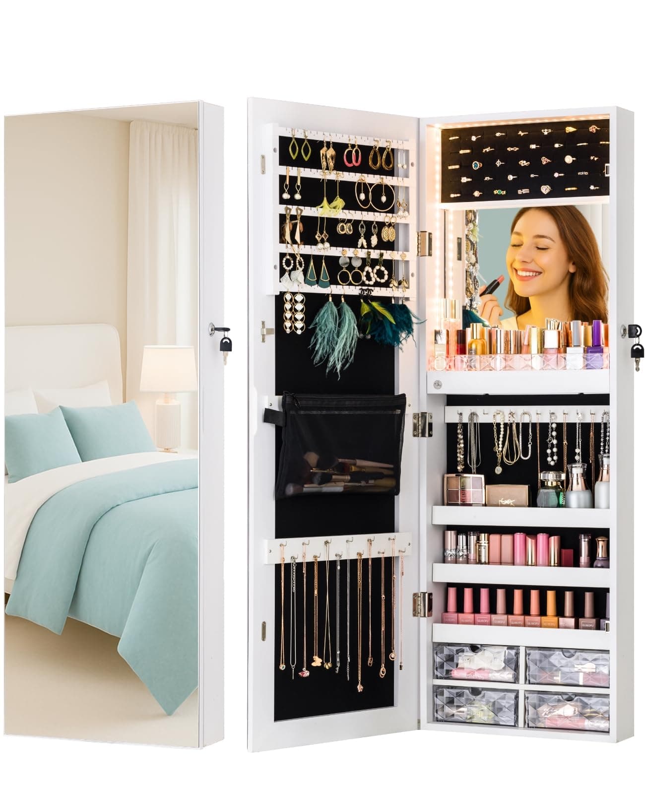 LUXFURNI LED Lights Mirror Jewelry Cabinet Wall Mounted or Door-Hanging, 42" Full Length Mirror with Storage, Built-in Makeup Mirror, Lockable Jewelry Mirror Organizer, White Full Frame White