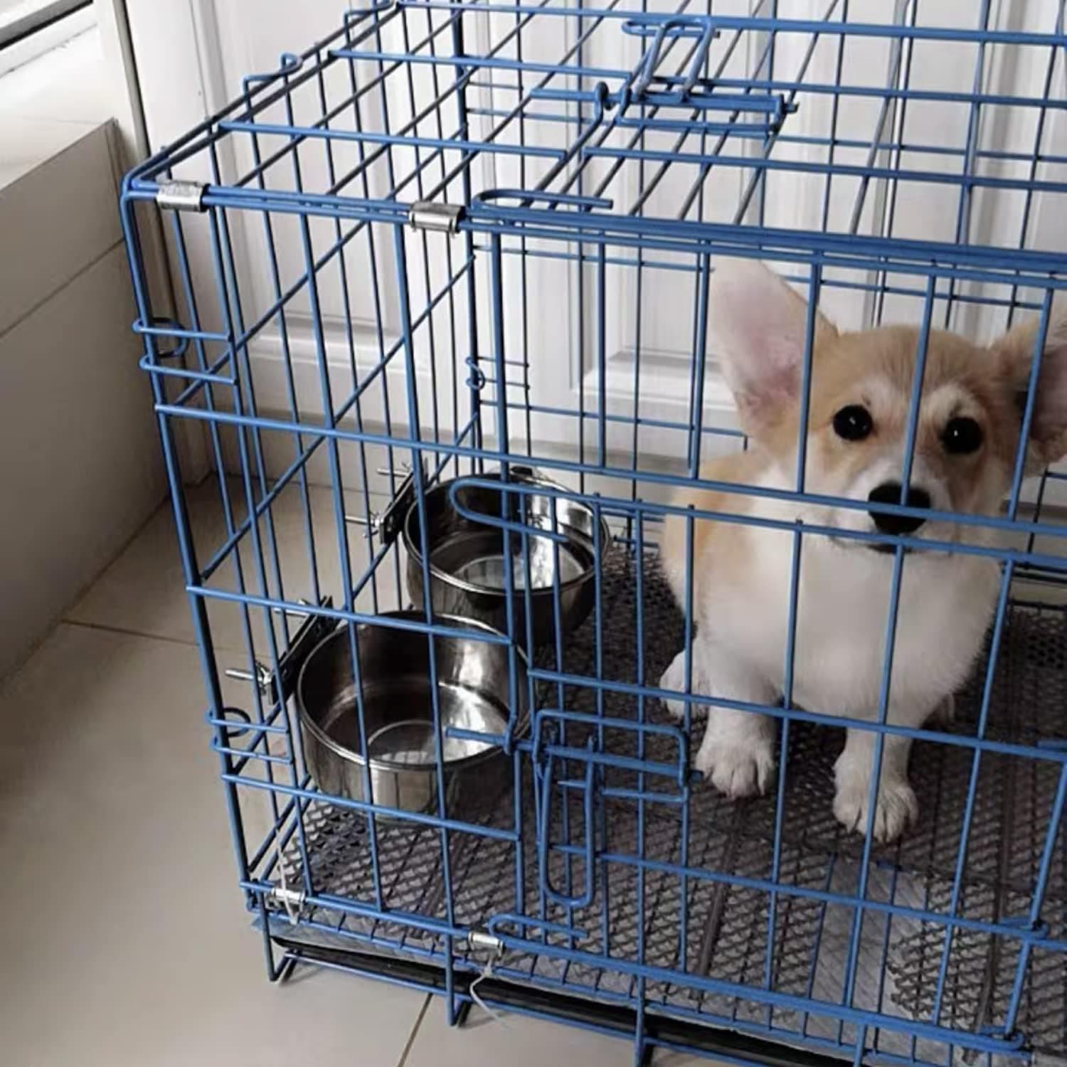 Dog Crate Water and Food Bowl, ShineMe Stainless Steel Dogs Bowls Hanging 2 Pack for Cage Crate Kennel, Spill Proof Dog Bowl for Medium and Small Sized Dogs Cats Pets (6.3 * 2.6” & 5.5 * 2.4”) Silver (40oz+26oz) - Image 8