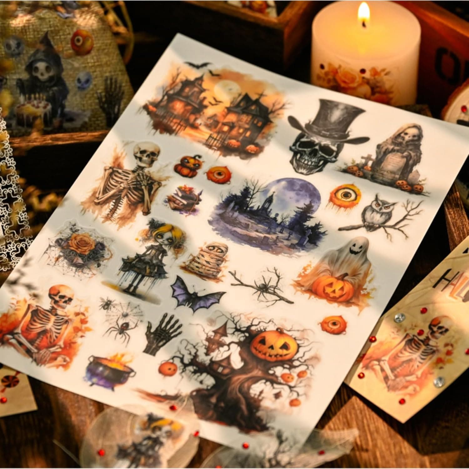 Vintage Rub On Transfer Stickers Scrapbooking Stickers Junk Journal Supplies, 3 Sheets, Gothic Designs with Skeletons, Pumpkins and Haunted Houses - Image 4
