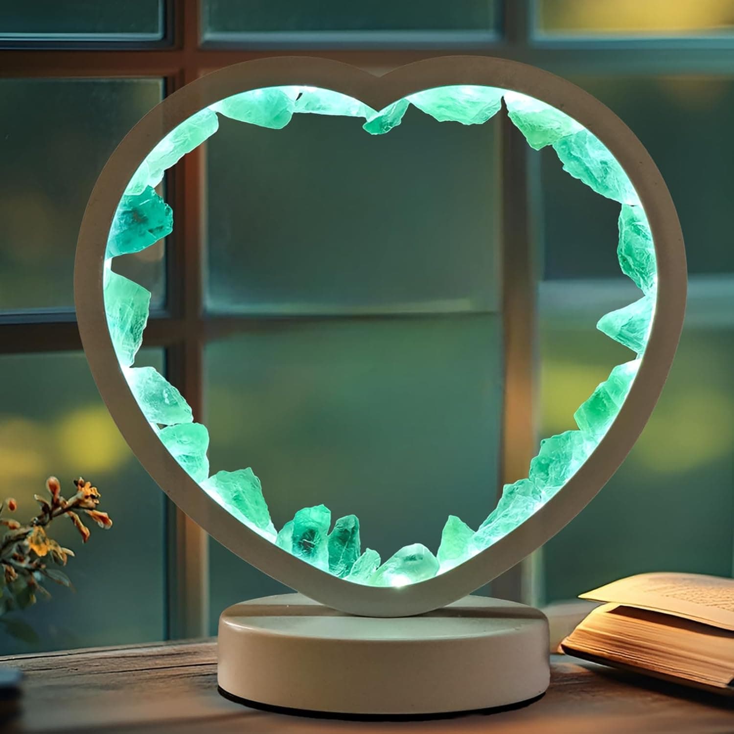 Runyangshi Natural Crystal Night Lamp Heart Shape Bedroom Bedside Sleep Night Light Healing Crystal Gemstone Green Fluorite Light Tri-Color Ambient Light USB Powered for Home Decor Mother's Day Gift Green fluorite Tri-Color light - Image 2
