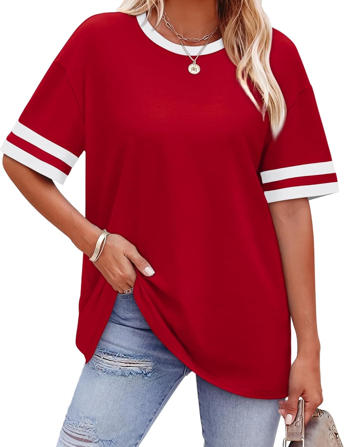 WIHOLL Womens T Shirts Loose Fit Short Sleeve Tees Crew Neck Color Block Summer Tops 2025 Fashion 03 - Red-2 XX-Large - Image 2