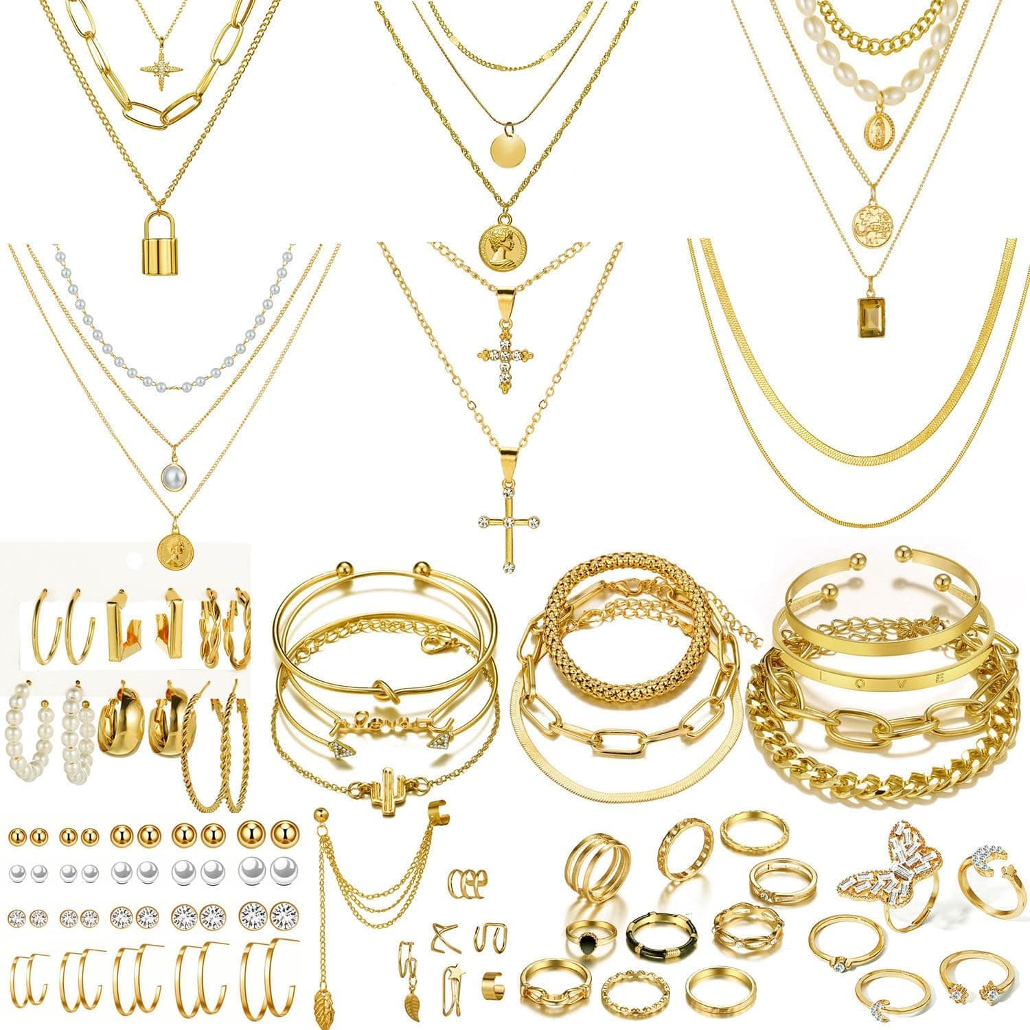 73 Pcs Gold Jewelry Set with 6Pcs Layered Necklace, 11 Pcs anklet and 7Pcs Earring Ear Cuff,12Hoop Earrings ,15pcs Rings,21pcs stud earrings Jewerly set for Women Pack for Friendship Party Gift AA-gold - Image 2