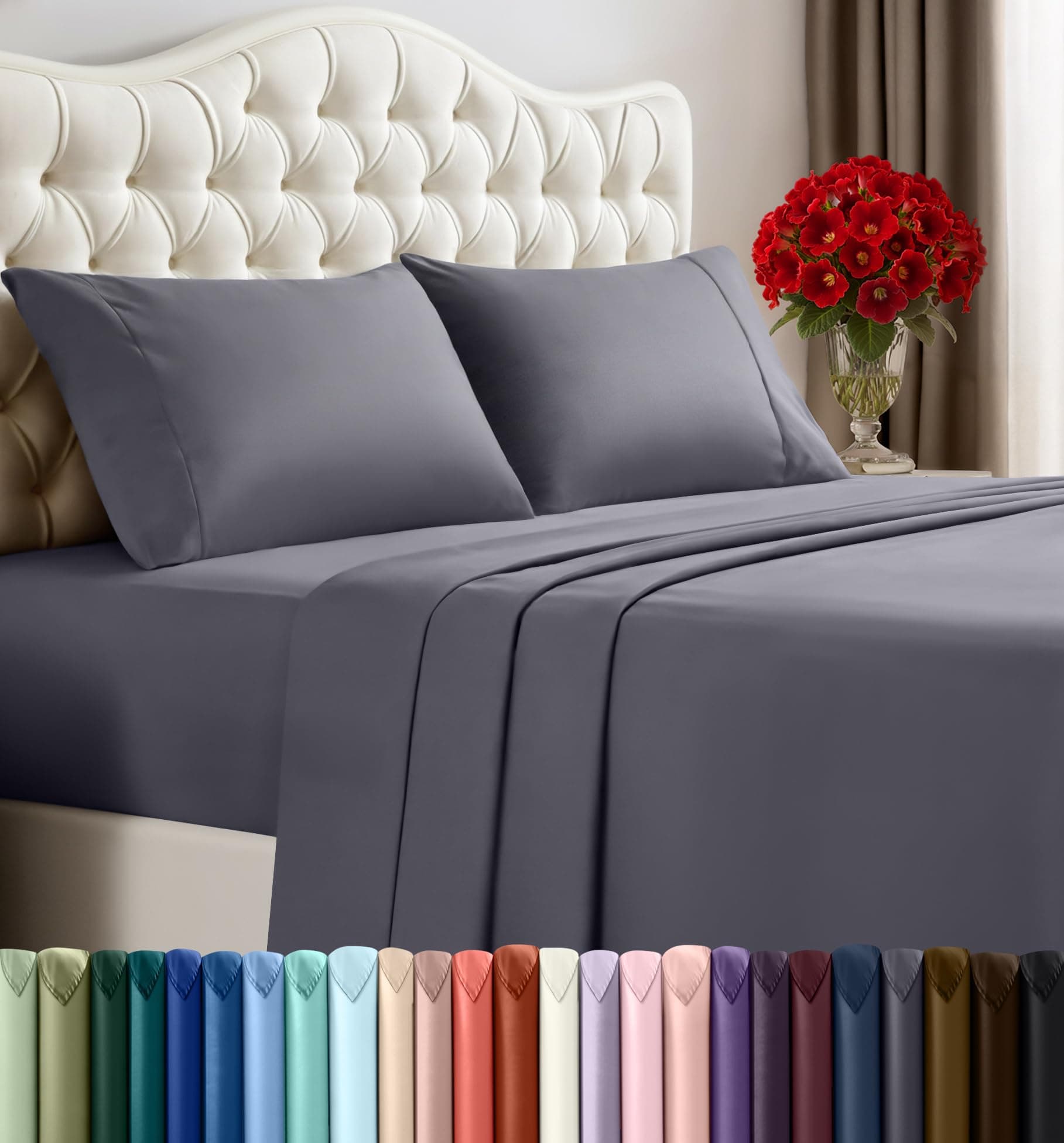 Juego de Sábanas Utopia Bedding Tamaño Queen – Juego de 4 Piezas, Microfibra Suave y Transpirable, Incluye 1 Sábana Ajustable, 1 Sábana Plana y 2 Fundas de Almohada – Oeko Tex (Gris) Queen Gris
