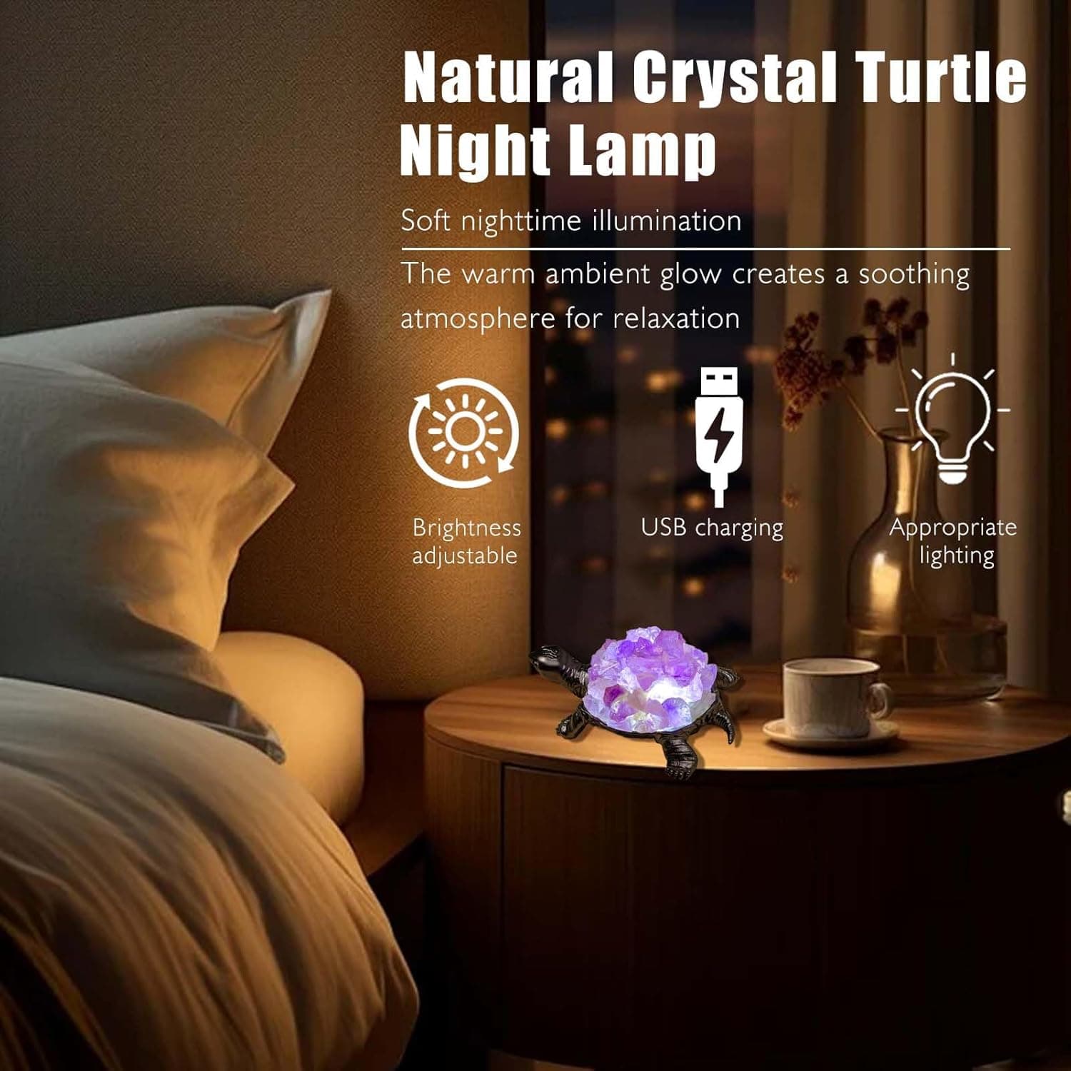 Runyangshi Natural Amethyst Turtle Night Lamp Healing Crystal Bedroom Bedside Table Lamp USB Port Home Decor Women Men Gift Purple2 - Image 5