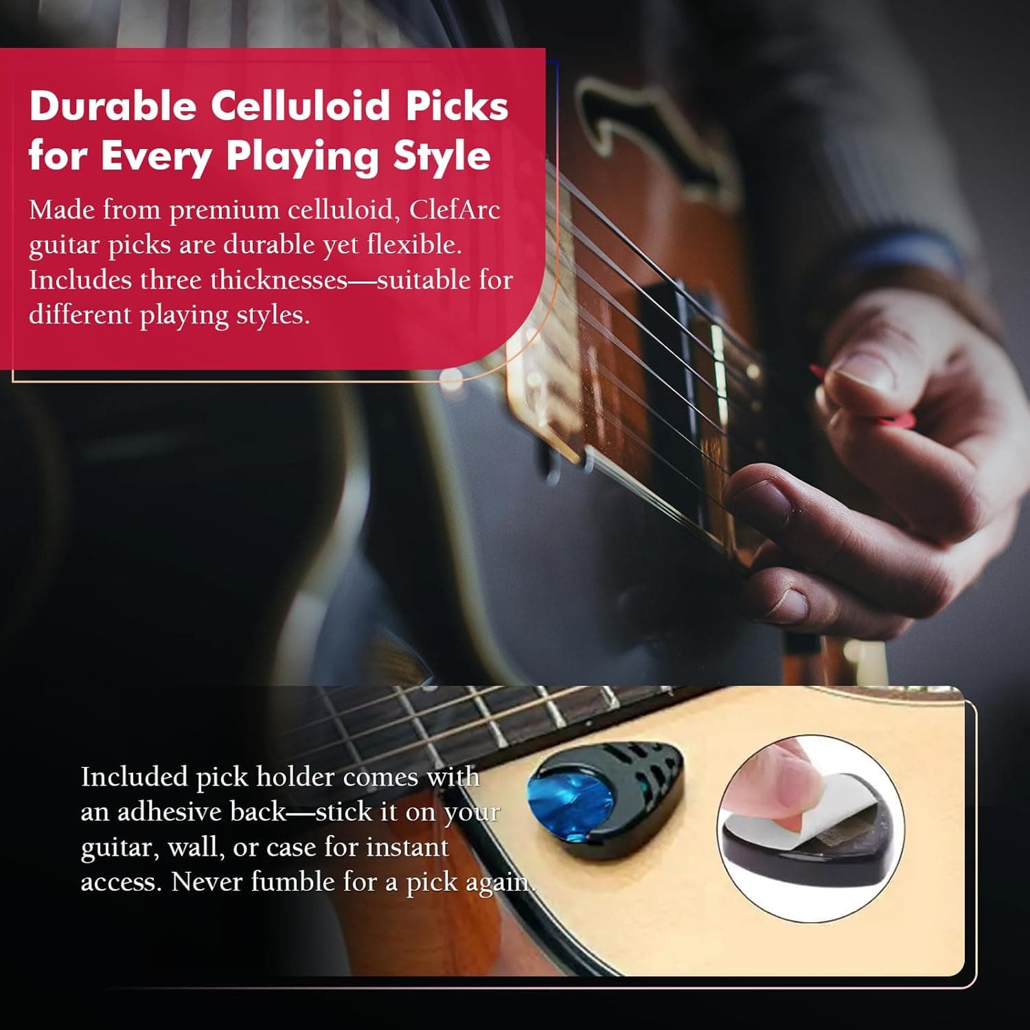 Guitar Wall Mount 2 Pack - U-Shape Guitar Wall Hangers, Guitar Stand Wall, Black Walnut Guitar Hanger, Pick Holder, Gifts for Guitarists, with 6 Assorted Guitar Picks - Image 3