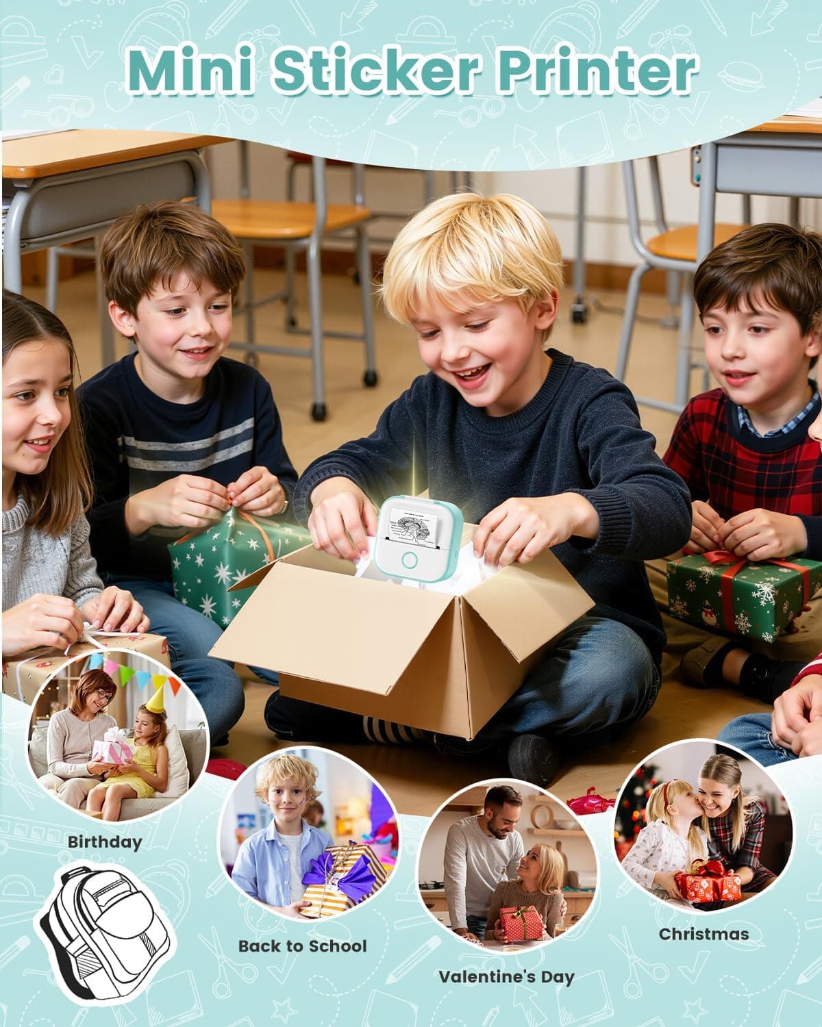 Memoking Mini Printer - T02 Sticker Printer Print Pods Portable Thermal Inkless Sticker Maker Bluetooth Pocket Impresora Portátil Instant Print for School Office Home for Study Note,Journal,DIY,Gift Green 1 Printer + 3 Rolls Paper - Image 2