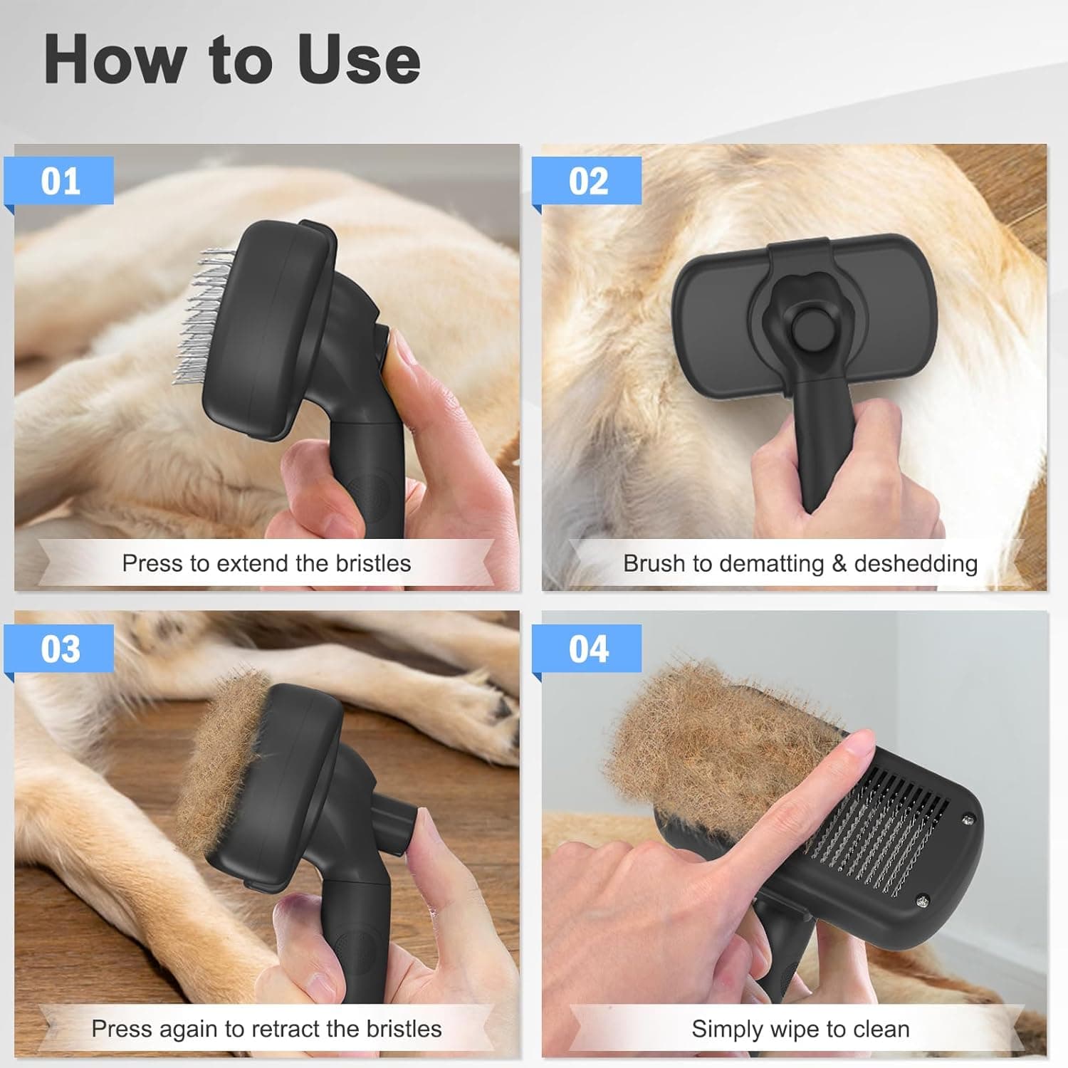 Self Cleaning Shedding Brush - Skin Friendly Grooming Tool for Dogs, Cats, and Puppies, Deshedding and Hair Removal for Long and Short Haired Pets, Black - Image 8