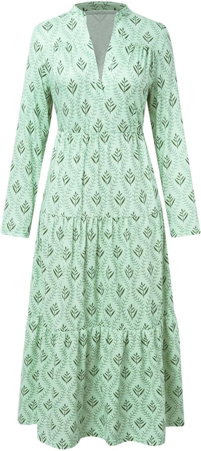 Boho Maxi Dress for Women 2025 Trendy Long Sleeve Floral Dress Tiered Flowy Dress Loose Spring Long Dresses Green Medium - Image 4