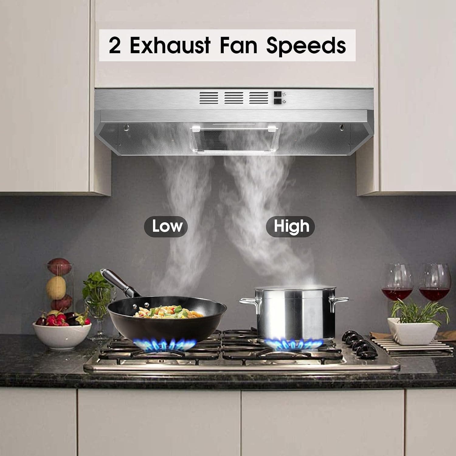 Range Hood 30 inch Under Cabinet, Stainless Steel Kitchen Vent Hood 280CFM, Built-in Kitchen Stove Hood w/Rocker Button Control, Ducted/Ductless Convertible Duct, 2 Speeds Fan, Bright LED Light 30 inch Stainless Steel - Image 4