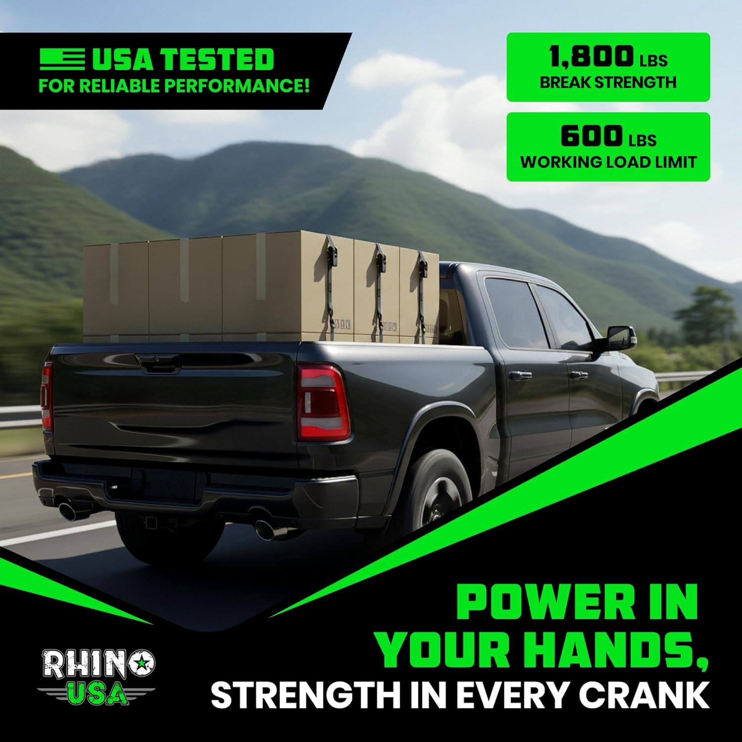 Rhino USA Ratchet Straps Tie Downs (4-Pack) - 1 Inch x 15 Feet (1,823lb Break Strength) - Ultimate Tie Down Straps with Safety S Hooks - for Trucks, Cargo, Moving, Appliances - Black - Image 7