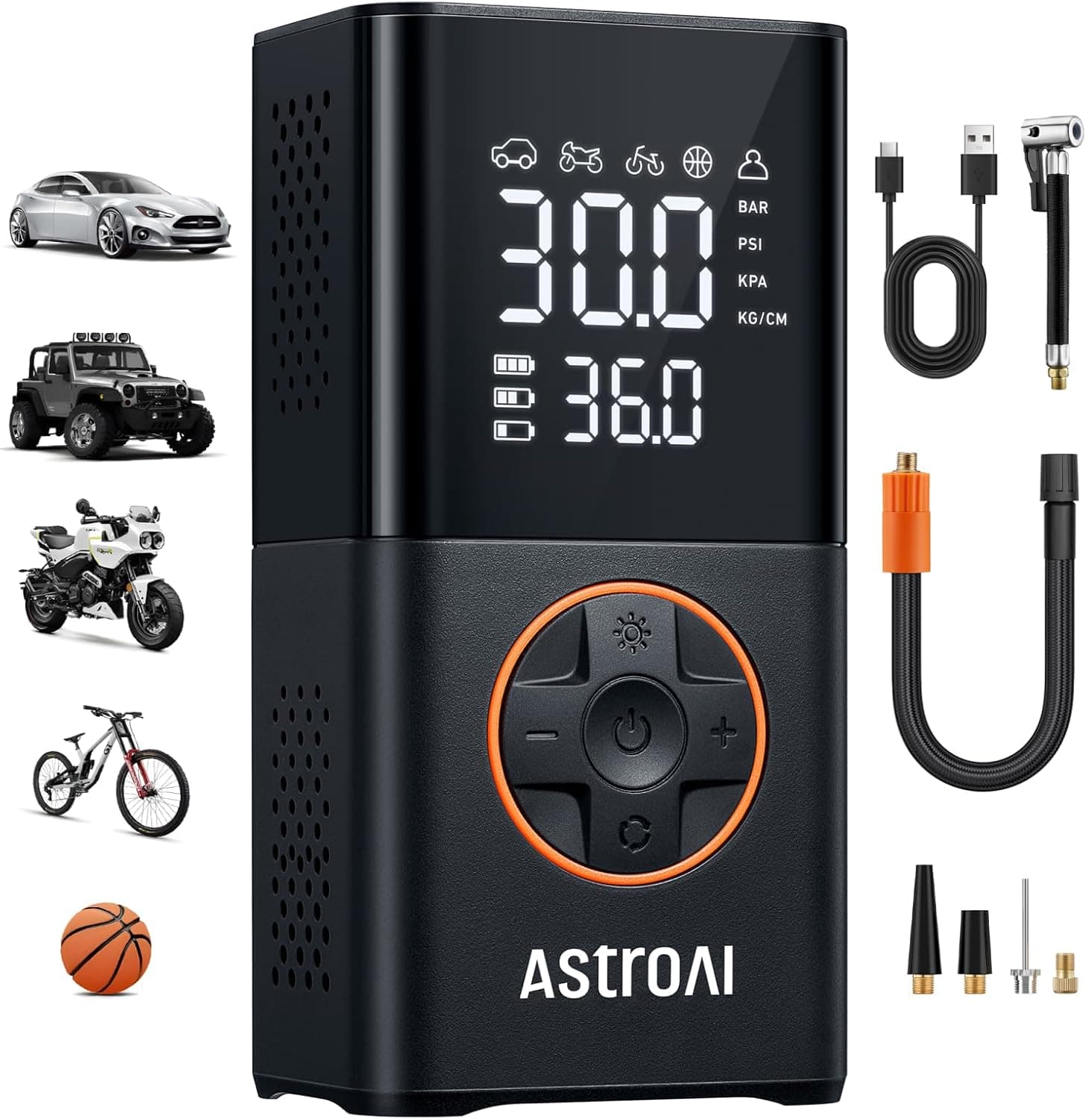 AstroAI L7 Tire Inflator Portable Air Compressor Cordless Mini Bike Pump with Digital Dual Values Display, 150 PSI Car Tires Air Pump with LED Lights&Pressure Gauge for Auto, Motorcycles, Bikes, Balls Orange 1 - Image 2