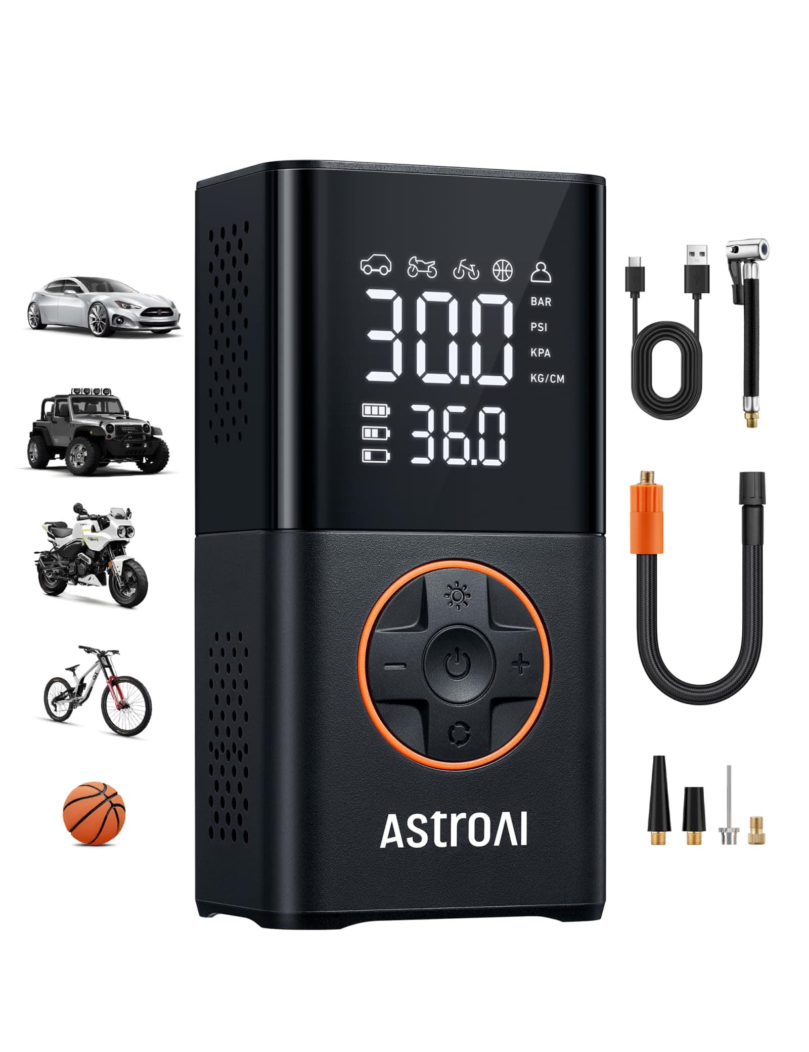 AstroAI L7 Tire Inflator Portable Air Compressor Cordless Mini Bike Pump with Digital Dual Values Display, 150 PSI Car Tires Air Pump with LED Lights&Pressure Gauge for Auto, Motorcycles, Bikes, Balls Orange 1