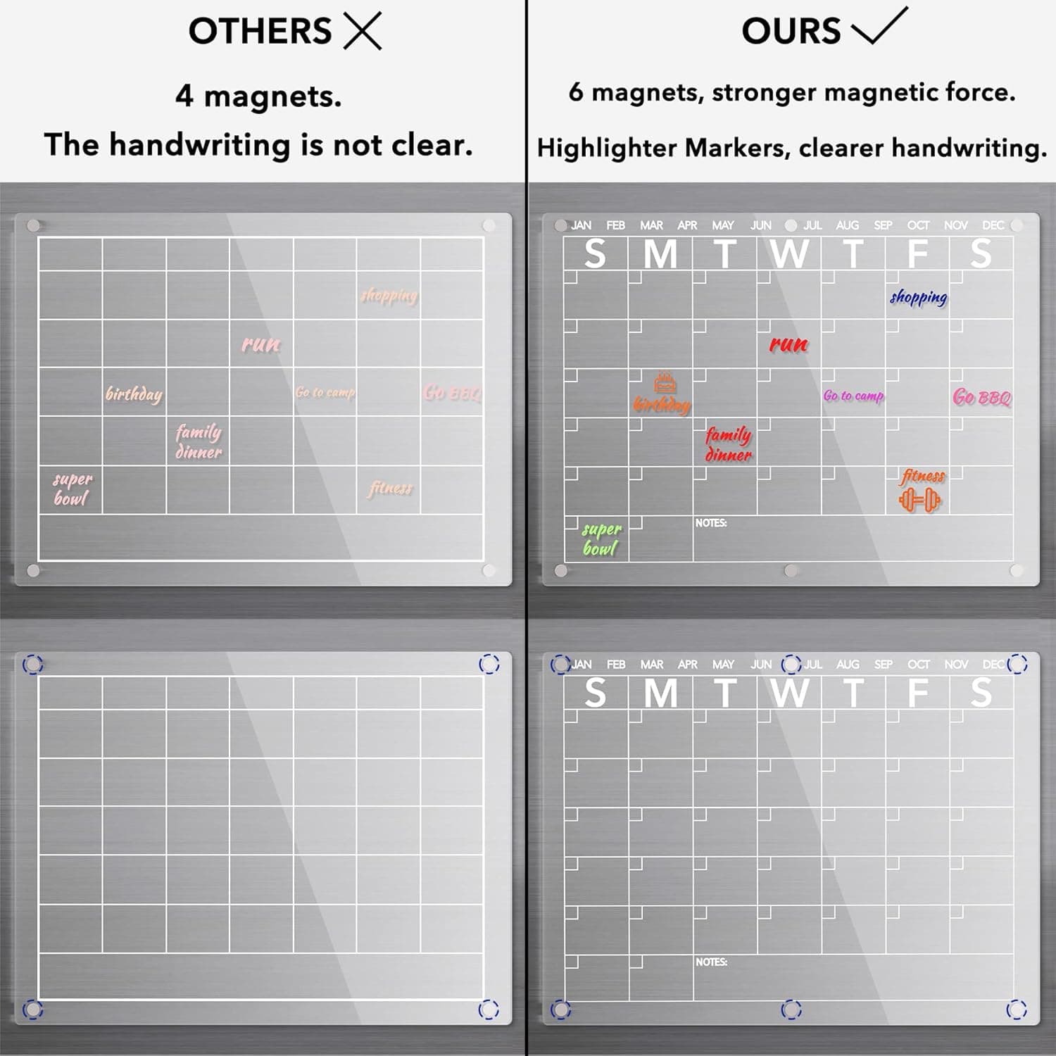 Acrylic Magnetic Dry Erase Board Calendar for Fridge, Clear Monthly Planner Whiteboard for Refrigerator, w/ 8 Colors Markers, 15"x11" 15"x11" Monthly - Image 3